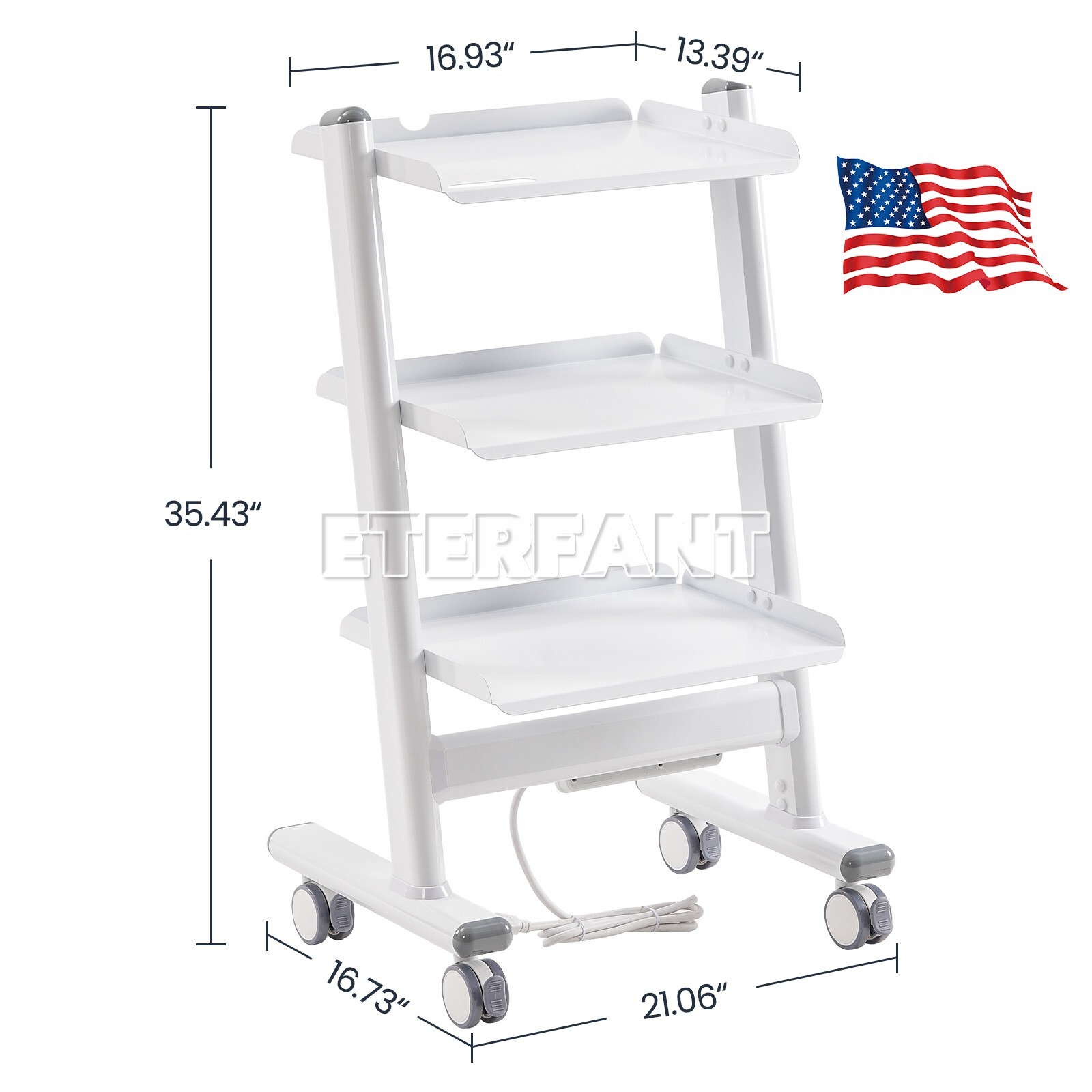 ETERFANT 3-Layer Dental Medical Trolley Stainless Steel Lab Mobile Rolling Cart