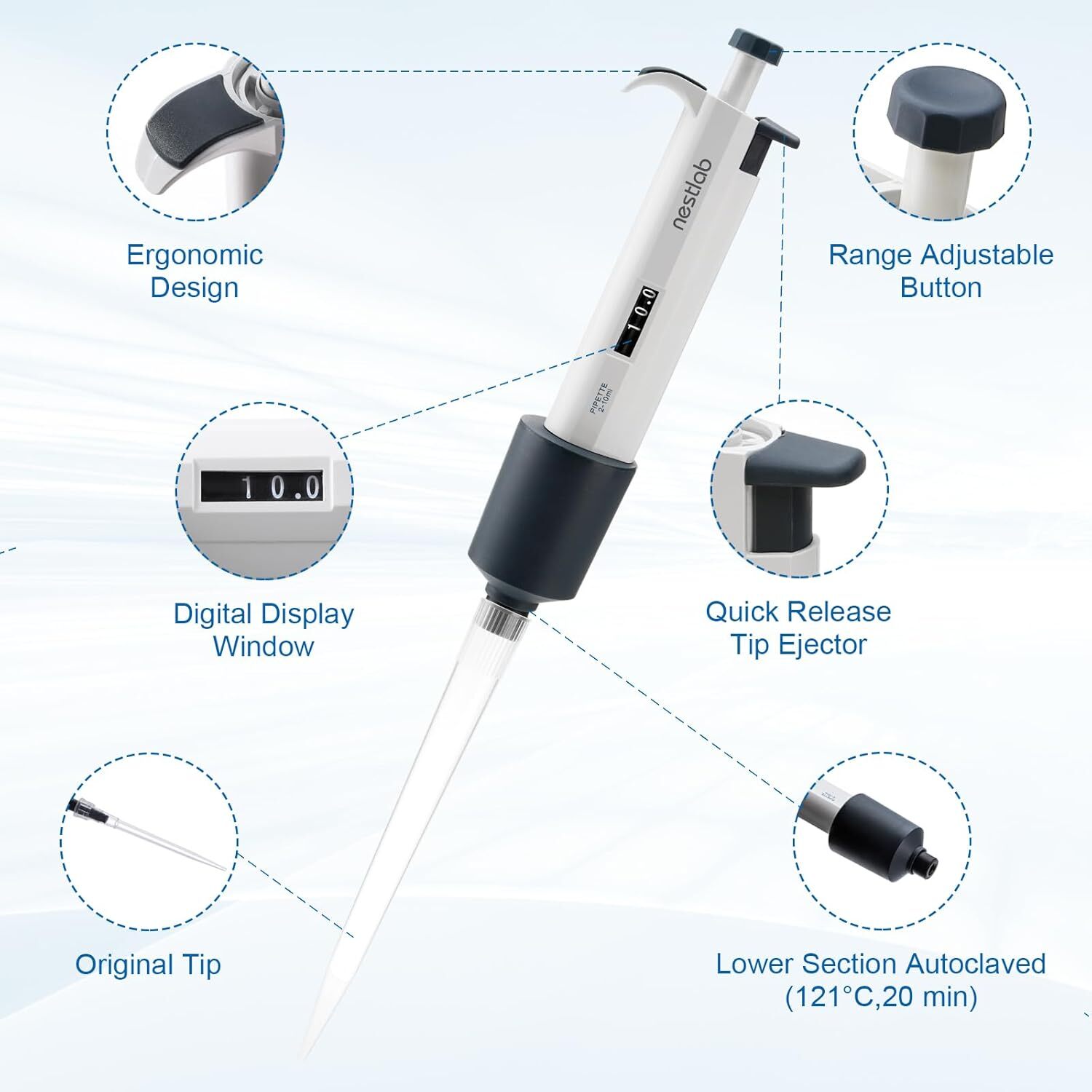 Autoclavable Single Channel Pipette Adjustable Volume Lab Micropipette Pipettors