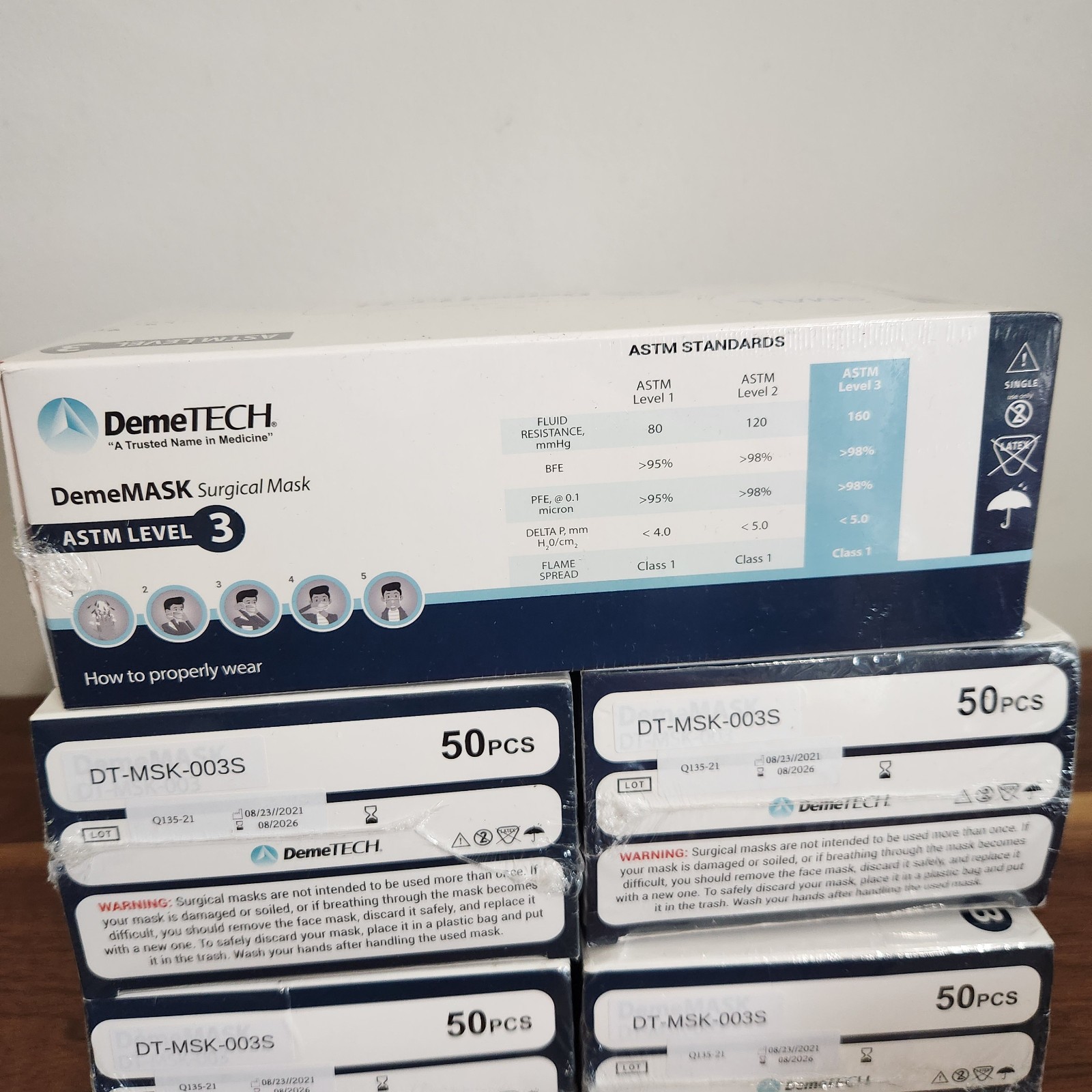 DemeTECH Medical Surgical ASTM Level 3 Face Masks 250 Count Size Small 08/2026