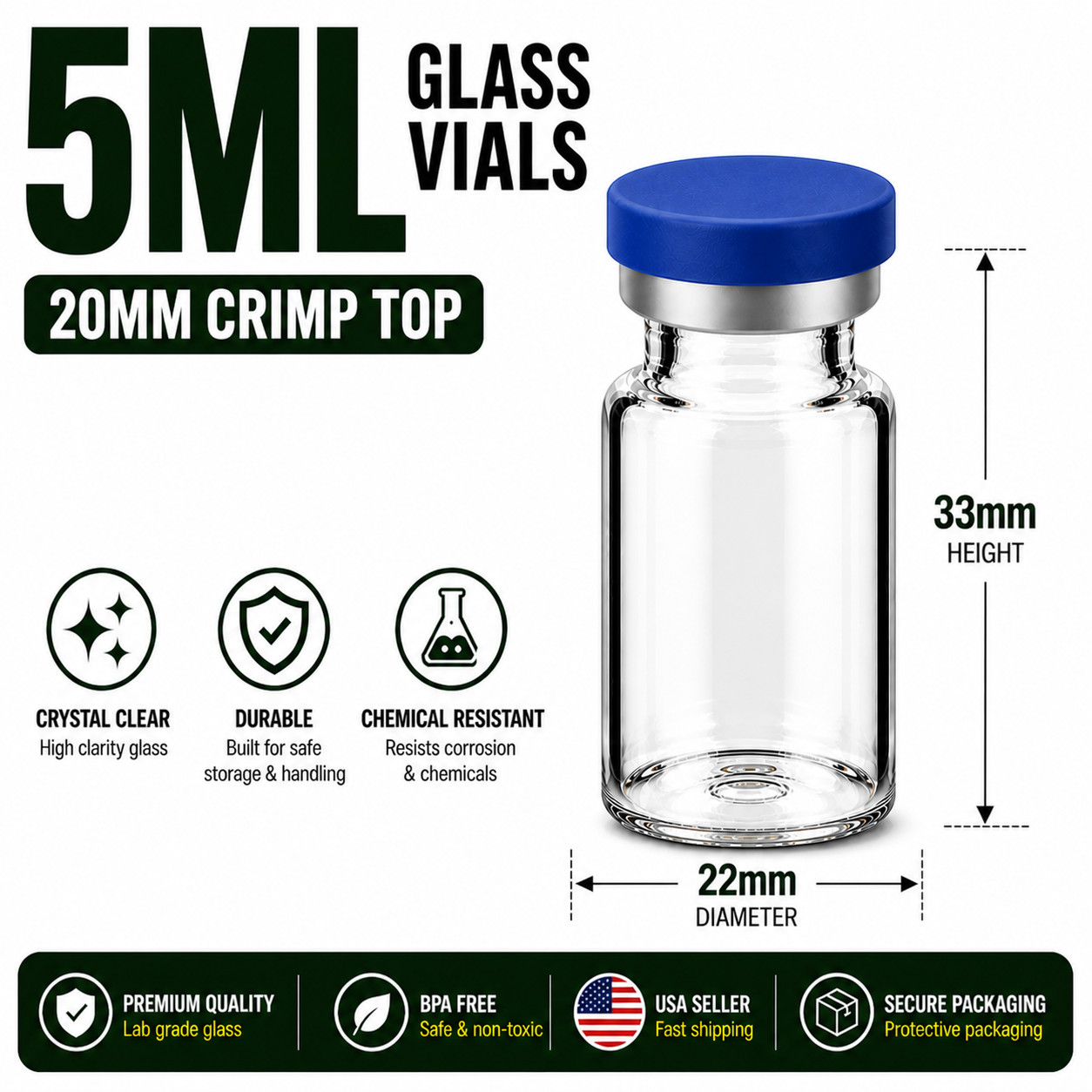 5ml Glass Vials 20mm Crimp Top w/ Rubber Plugs & Flip Off Caps Serum Lab Vials