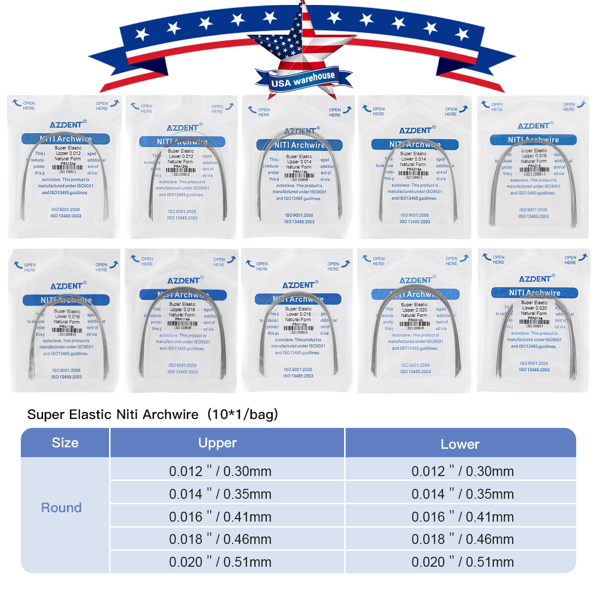 AZ Dental Orthodontic Arch Wire Super Elastic Niti Round Natural form 10pc/pk