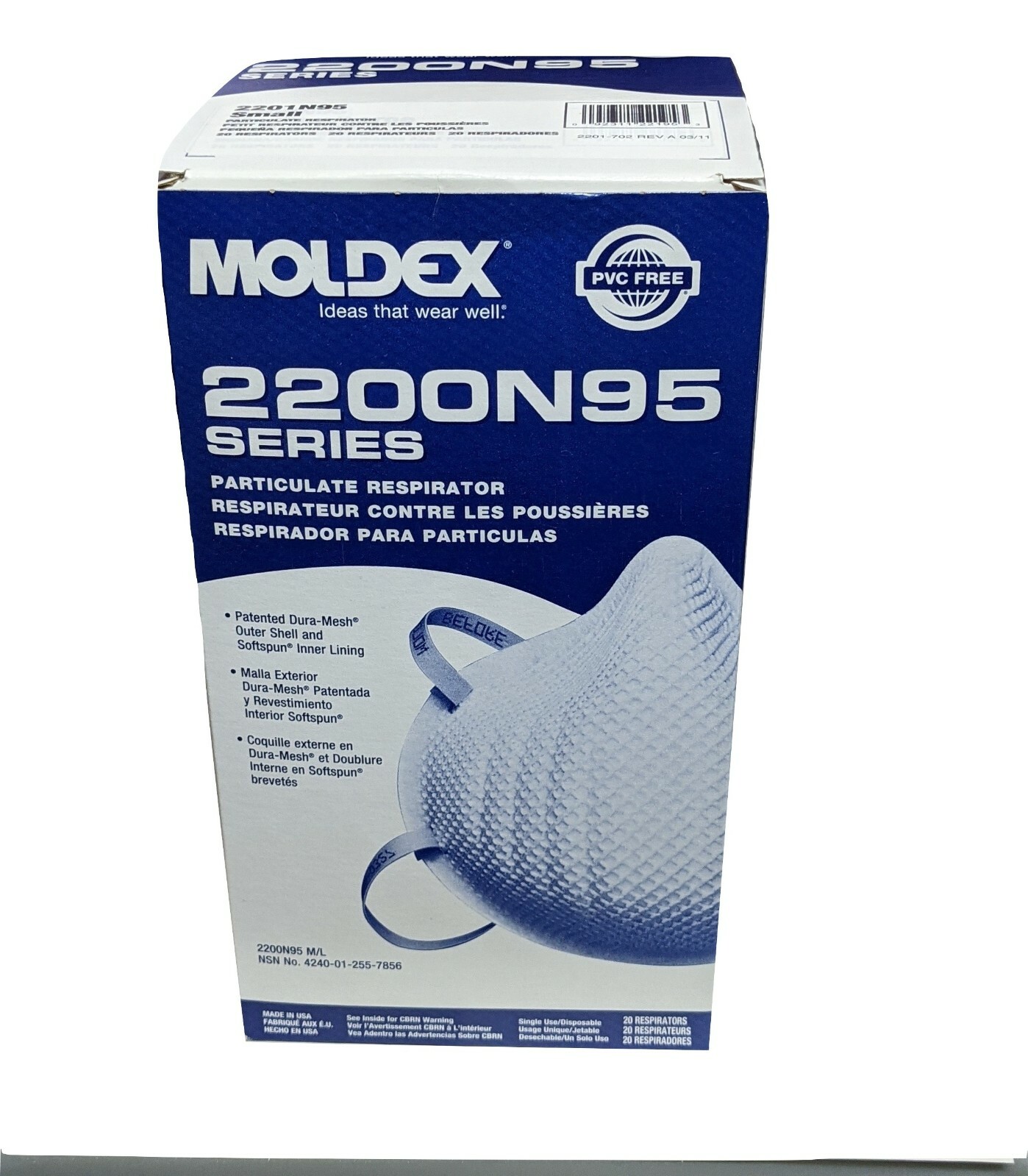 Moldex 2200 series 2201 N95 (N grade 95) respirator size Small EXP 2029 – 20/Box