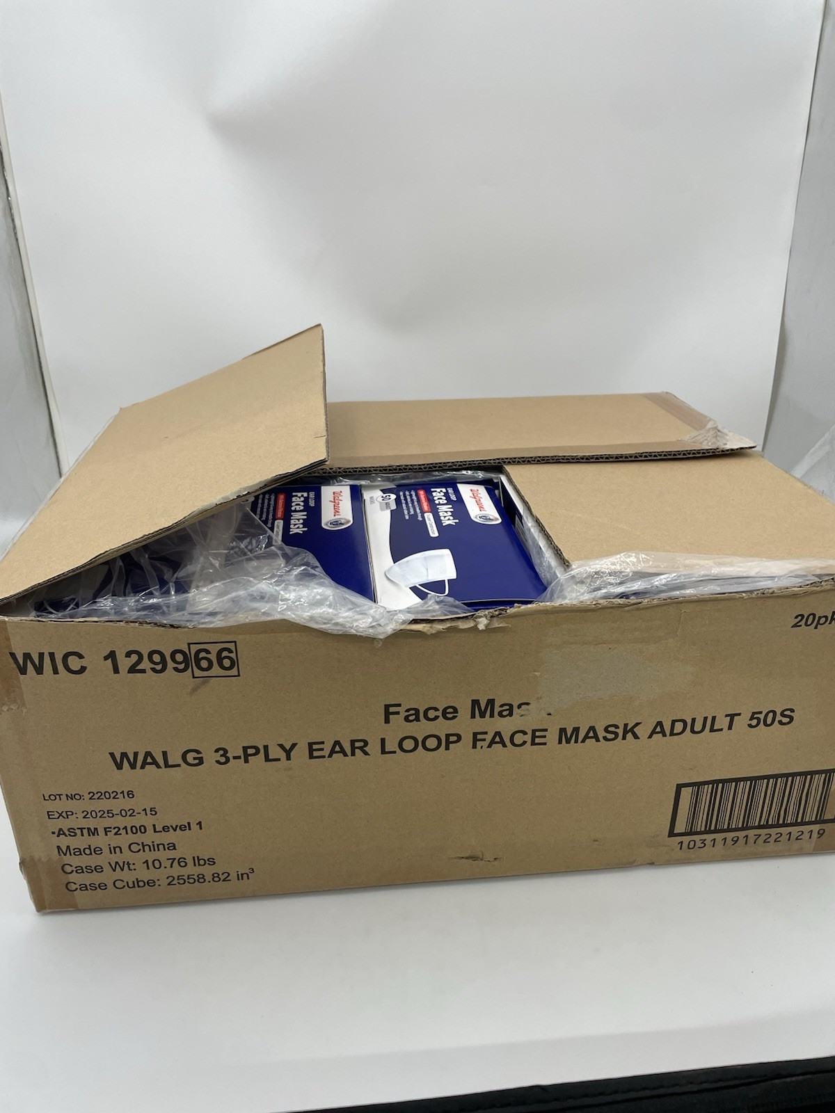 Walgreens 3 Ply Ear Loop Adult Face Mask, 20 Pack case, 50 Masks pp, Exp 2/25
