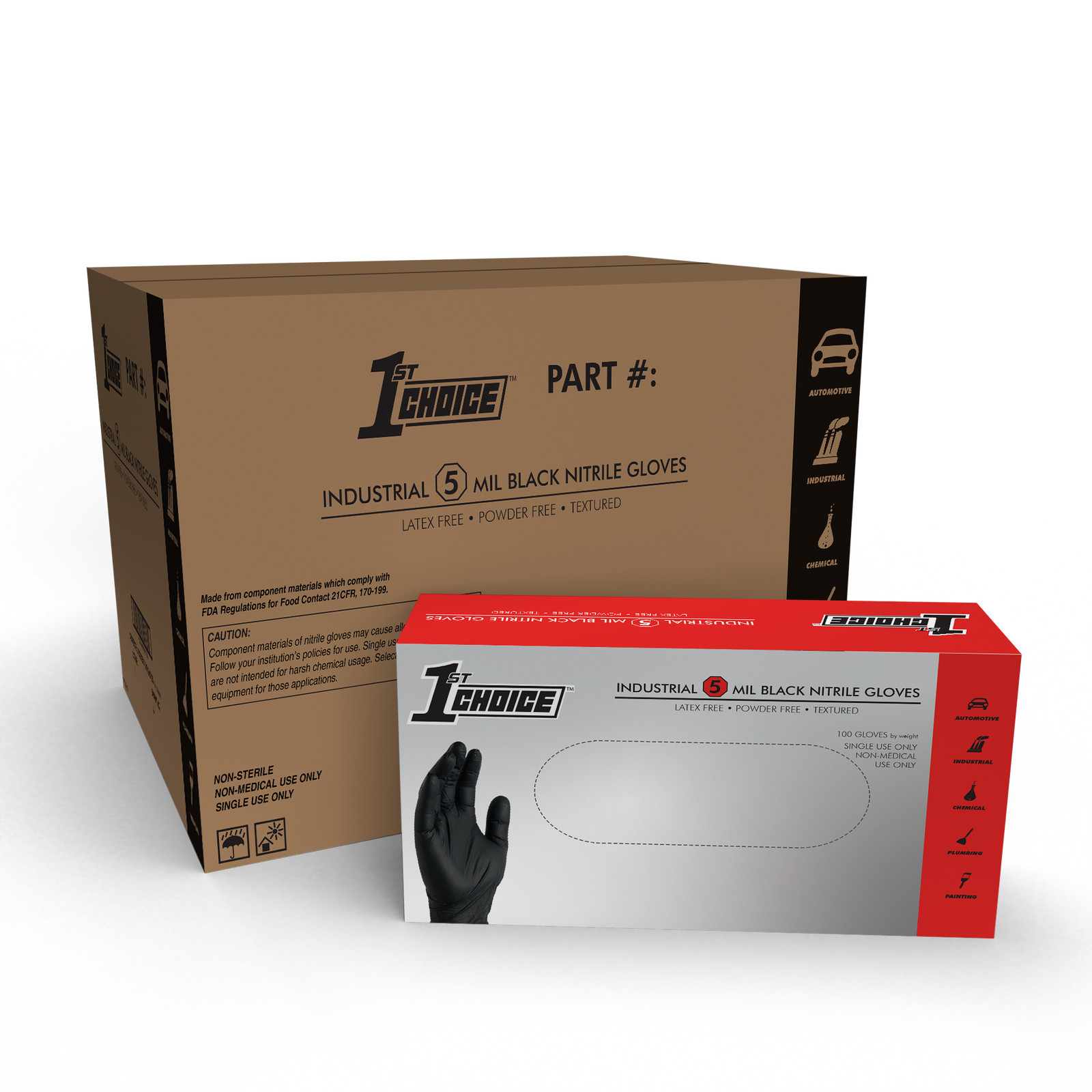 1st Choice 5 mil Industrial Black Nitrile Gloves, Latex & Powder-Free, 1000/Case