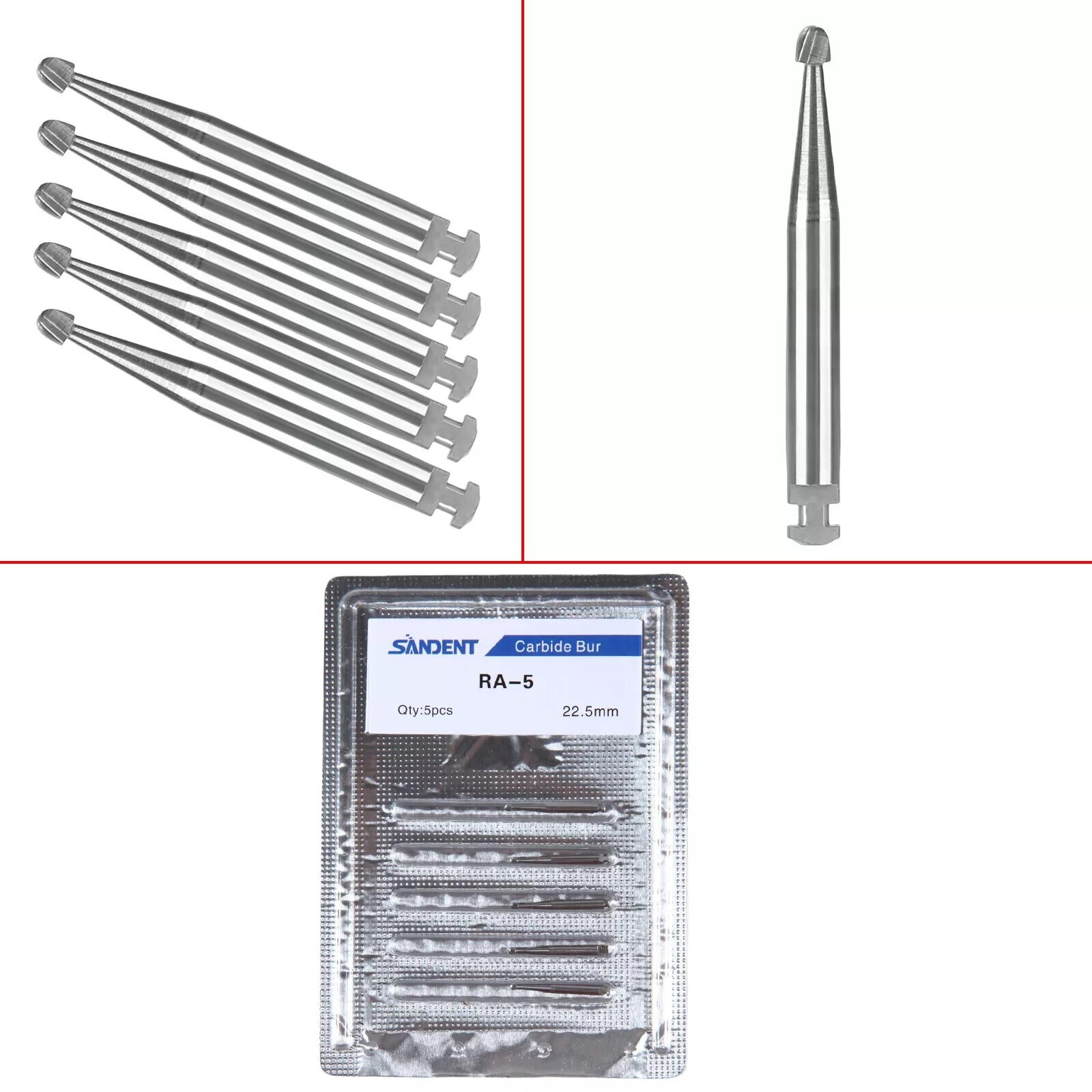 25 Pcs/5 Pack Dental 22.5mm Round Carbide Bur Slow Speed Latch Type RA5 Burs USA