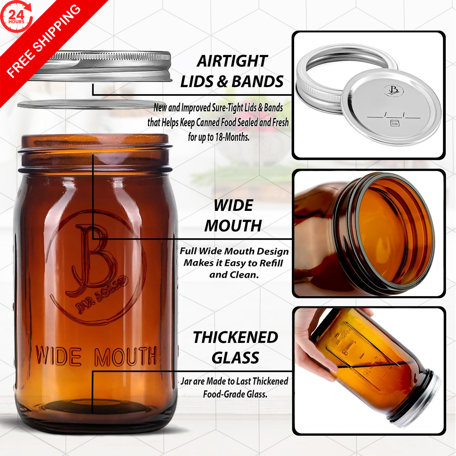 Amber Wide Mouth Mason Jars 32 oz – (2 Pack) – Glass 32 ounces,