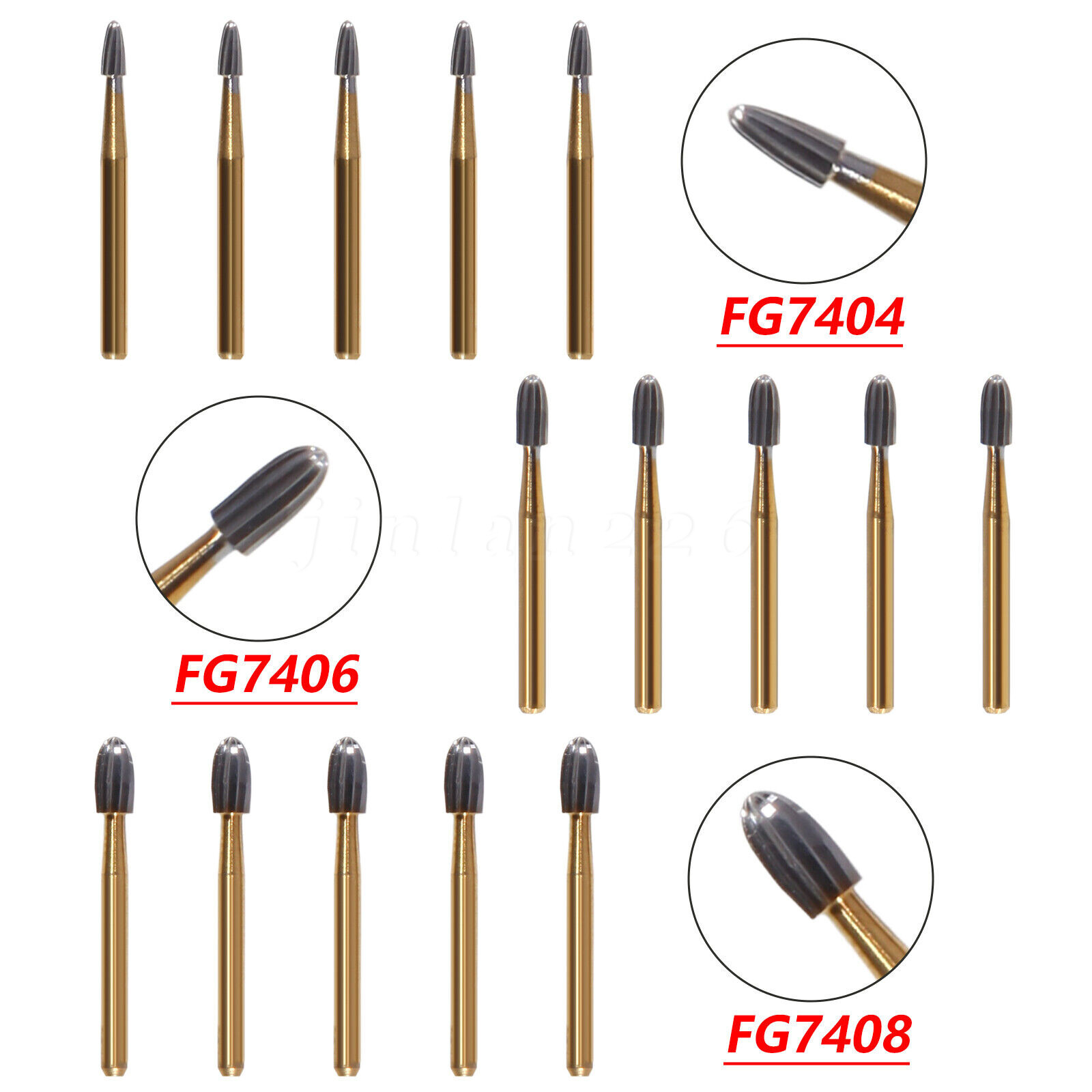 Dental Trimming+Finishing Carbide Burs Egg Shape Football Gold FG7404/7406/7408