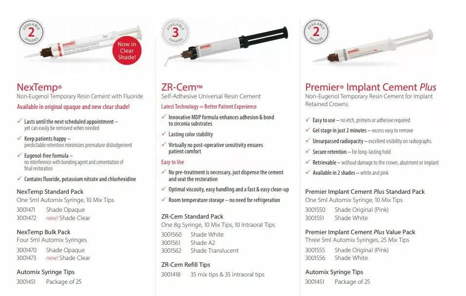 Premier Dental Implant Cement For Implant Retained crowns -5 mL Syringe + 8 Tips