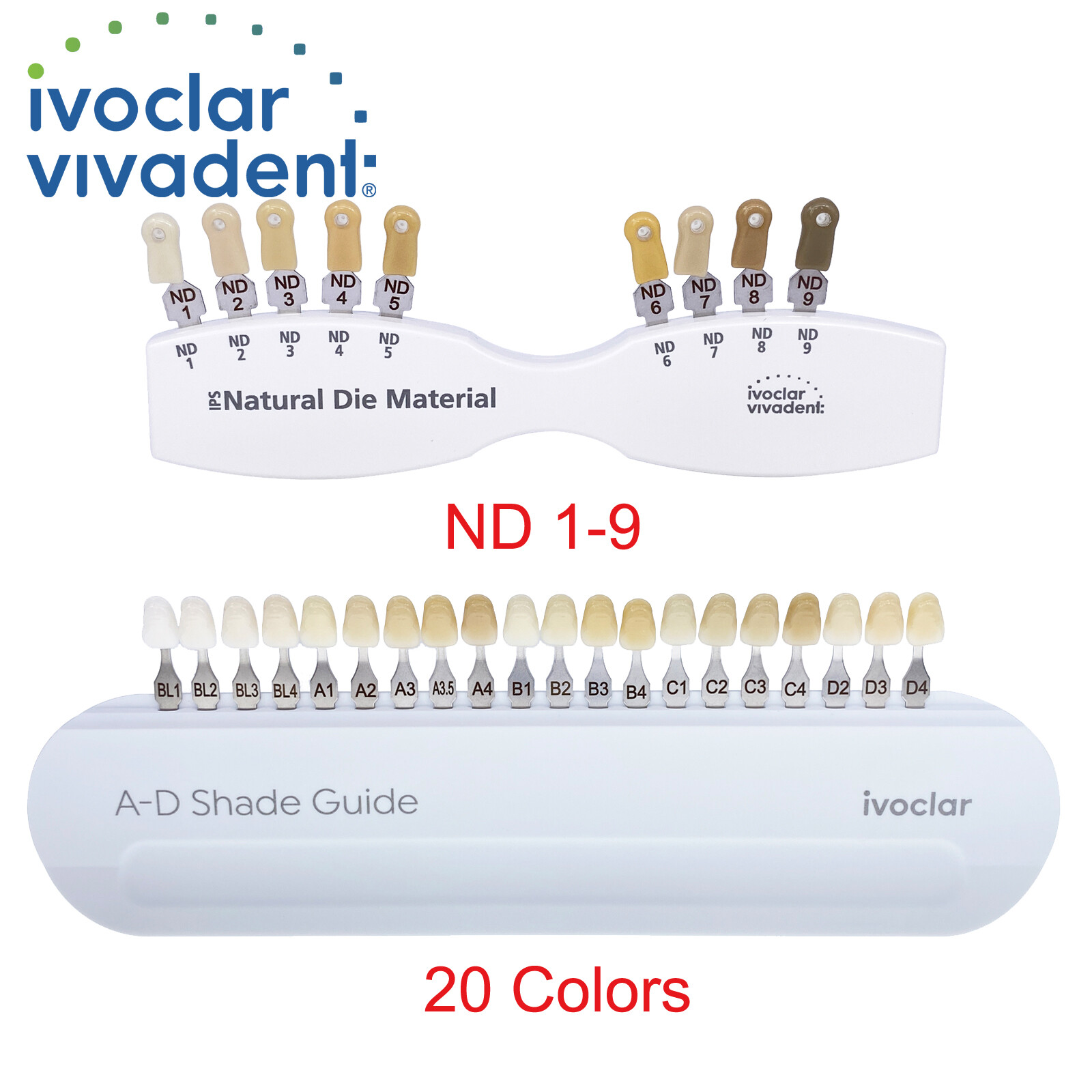 Ivoclar Vivadent Dental Shade Guide A-D 20 IPS or Natural Die ND1-9 Bleach Teeth