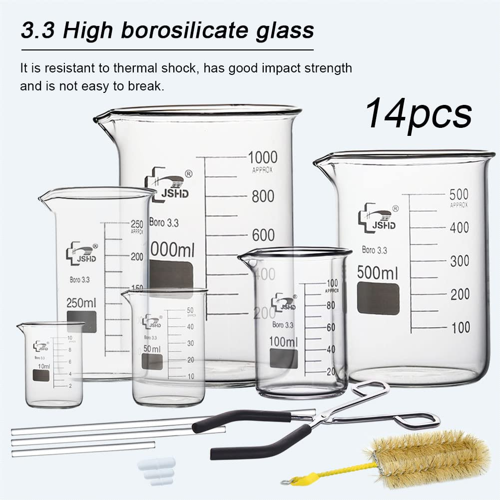 14PCS Glass Beaker Set, 6 Sizes – 10Ml 50Ml 100Ml 250Ml 500Ml 1000Ml Graduated