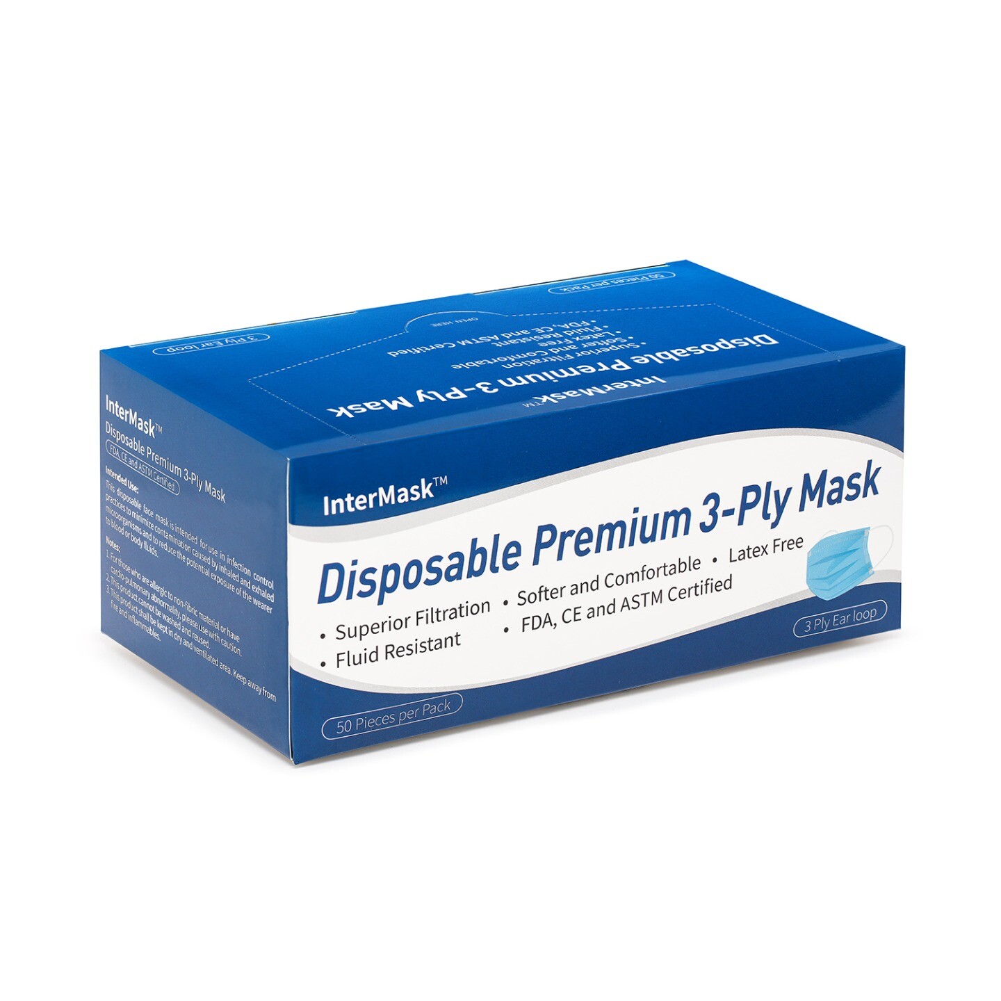 InterMask Disposable Premium 3-Ply Mask, ASTM Level 3, Box of 50