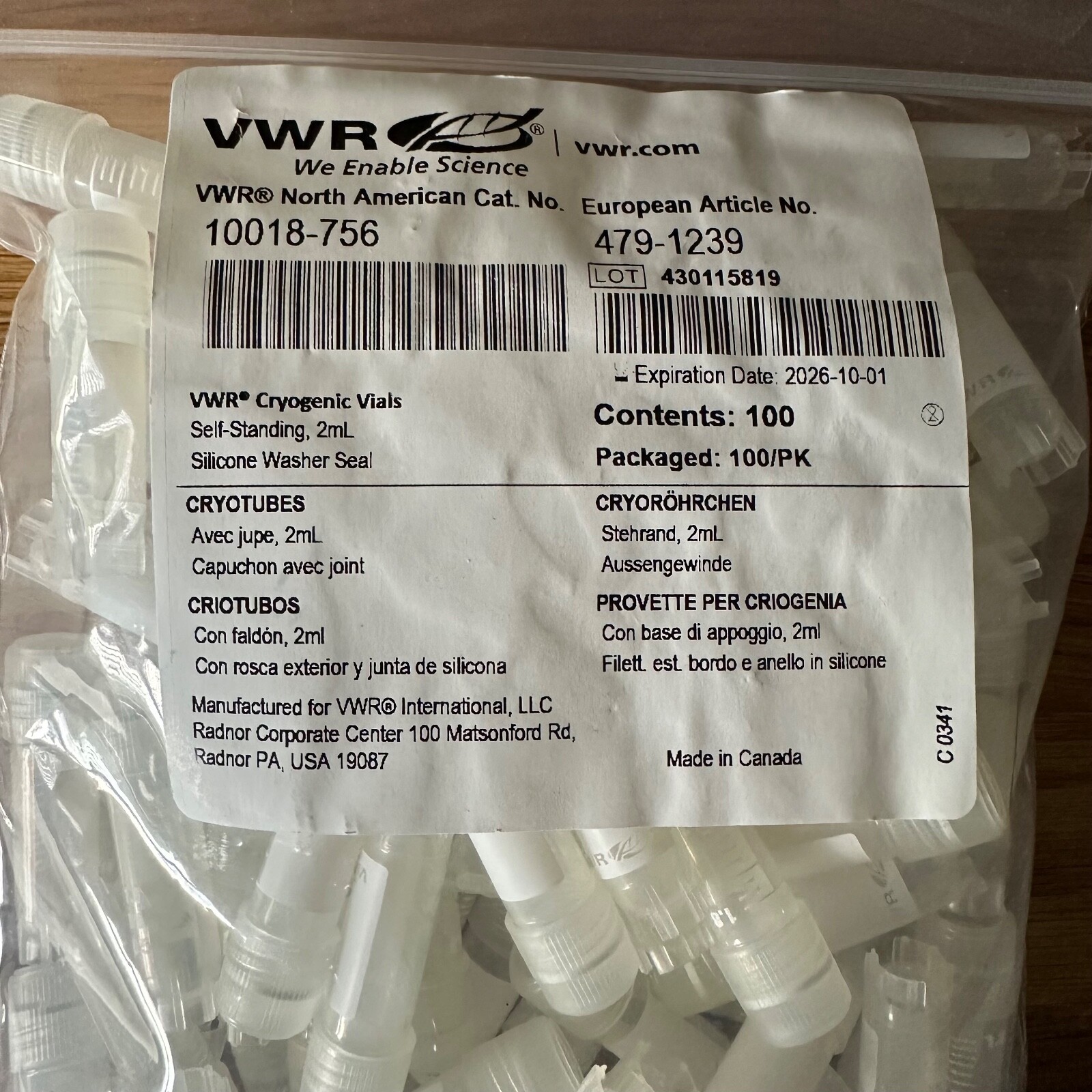VWR 10018-756 2mL Self-Standing Cryogenic Vials Sealed Pack of 100