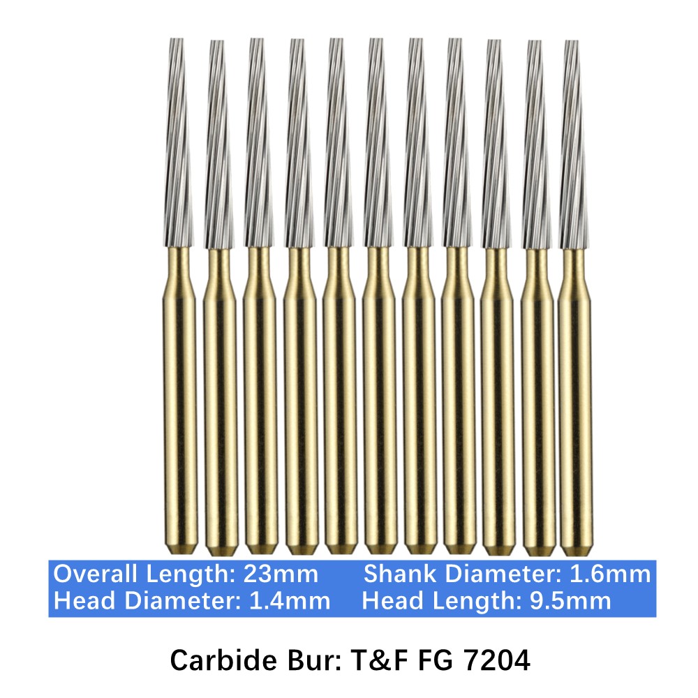 10pc Dental Taper Cone Carbide Burs Trimming & Finishing FG7204 Friction Grip