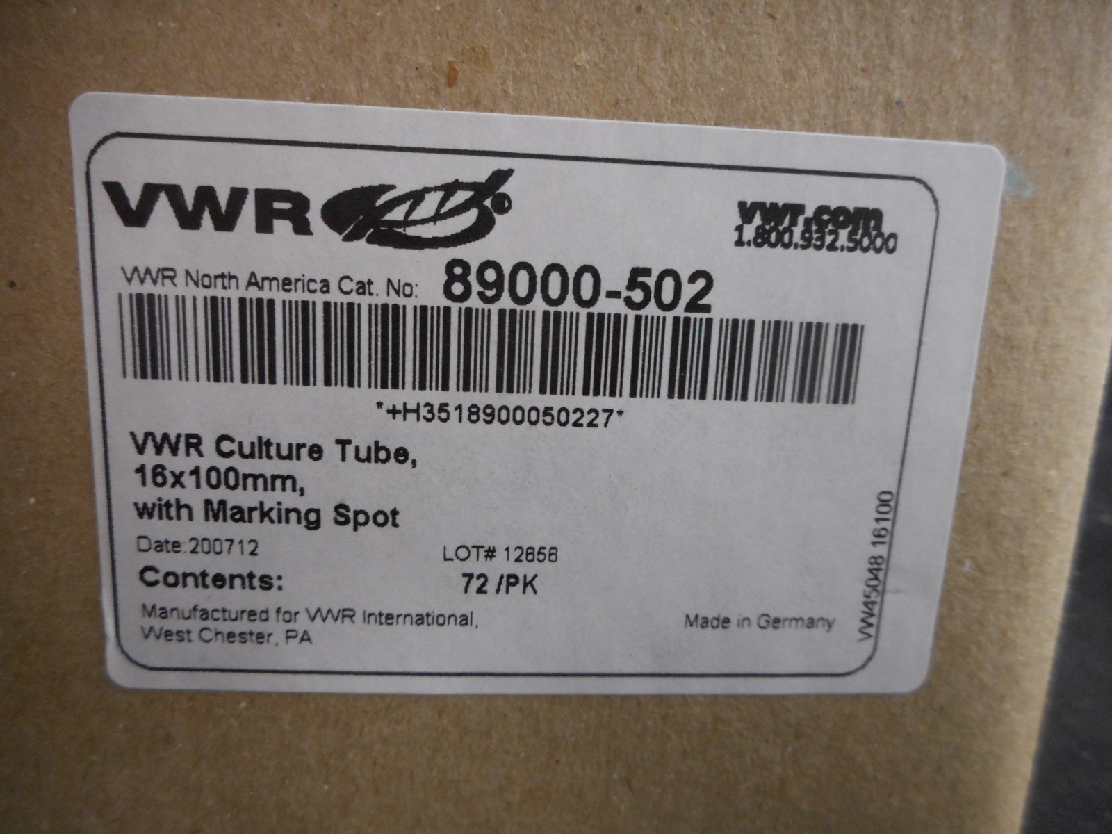 VWR Glass 12mL Borosilicate Culture Tube Reusable 16 x 100mm 89000-502