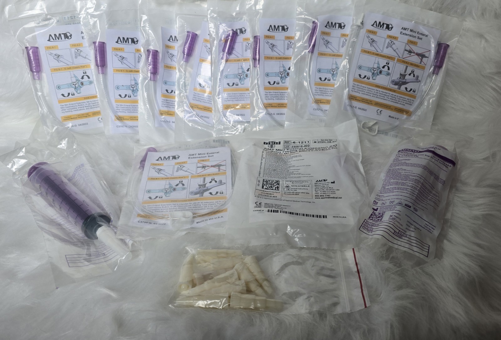 10 AMT Mini Enteral Extension 6-1211, 2 enfit syringes, and adapters NEW bundled