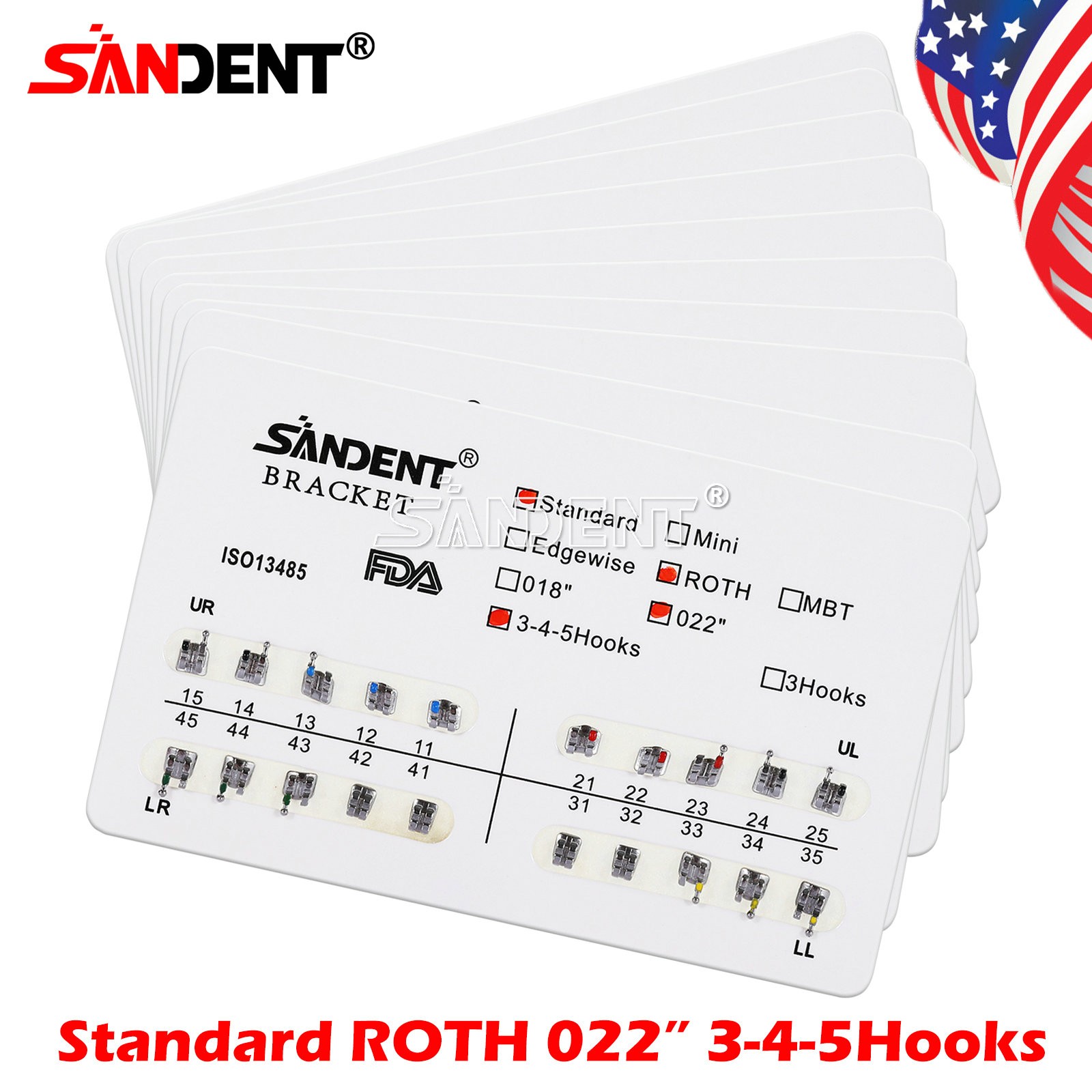 10 Packs Dental Orthodontic Brackets Metal Braces Standard Roth 022 Hooks 3-4-5