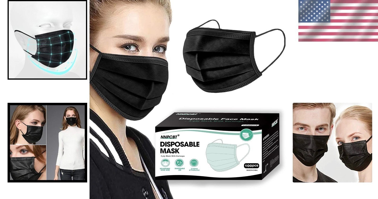 100PCS 3 Ply Black Disposable Face Mask Filter Protection Face Masks