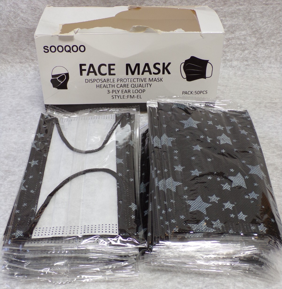 29 FACE MASK BLACK NEW UNUSED 3-PLY DISPOSABLE HEALTHCARE QUALITY STYLE FM-EL