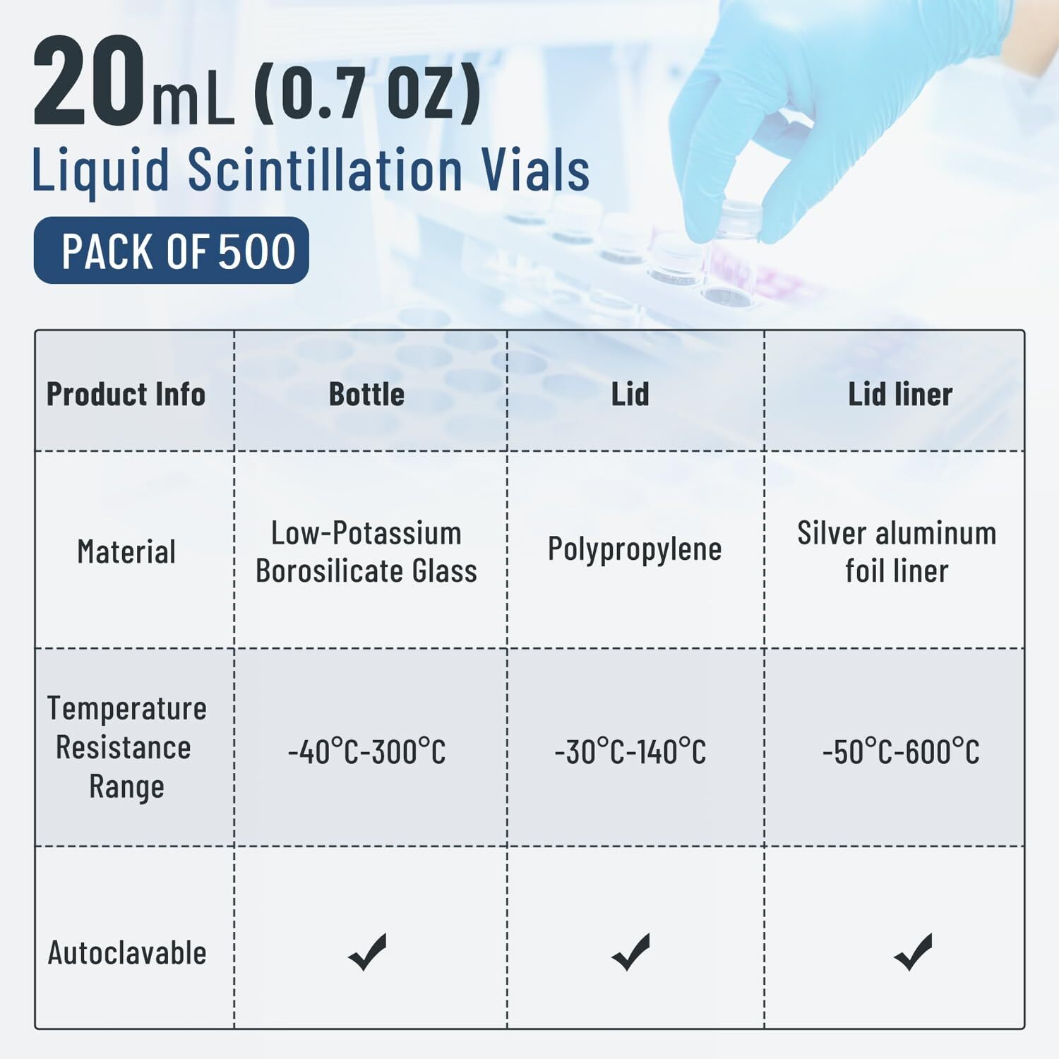 20ML Scintillation Vials 100PCS Lab Borosilicate Glass Liquid Scintillation Vial
