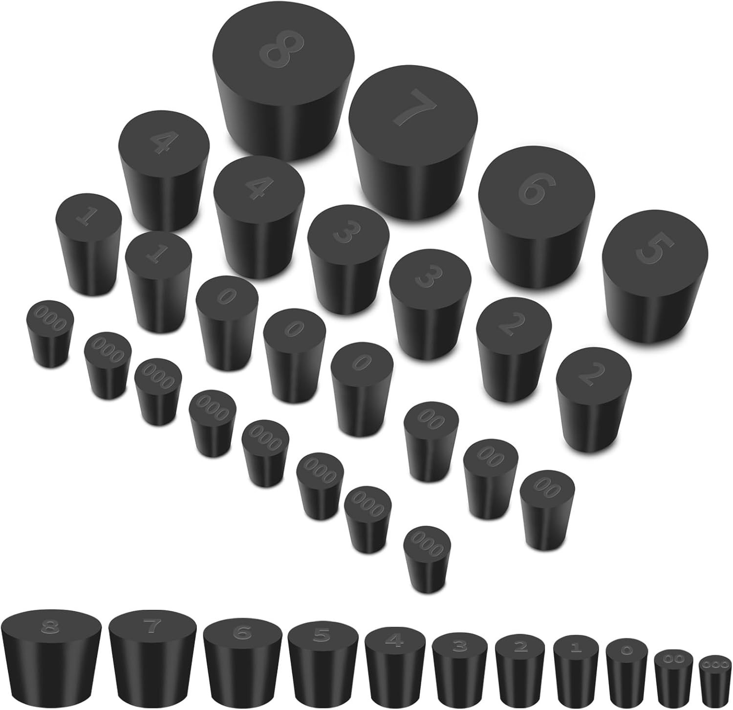 26 PCS Solid Rubber Stoppers, 11 Assorted Sizes(000# – 8#) Tapered Lab Bungs …