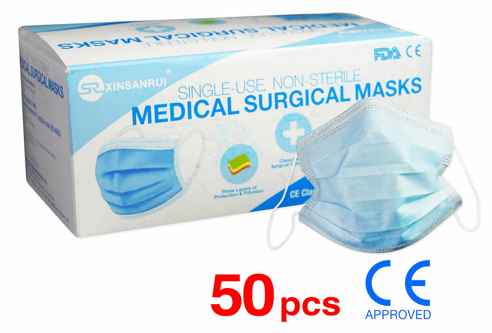 50 Pack CE Approved Class/Level 2 Surgical Disposable Face Mask/3-Ply 98% BFE