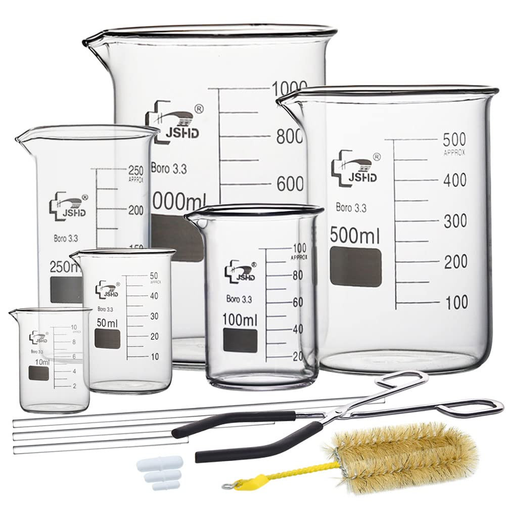 14PCS Glass Beaker Set, 6 Sizes – 10Ml 50Ml 100Ml 250Ml 500Ml 1000Ml Graduated