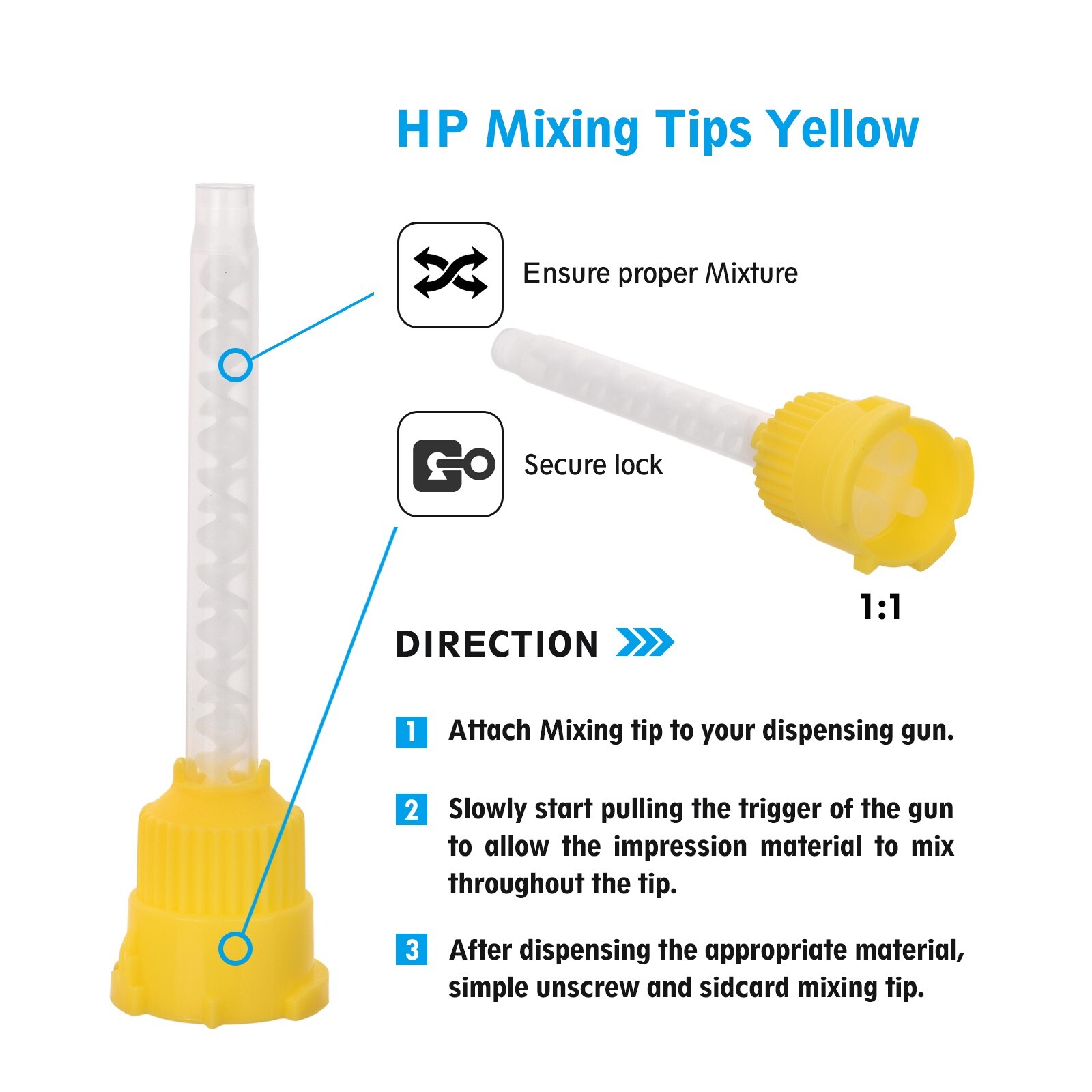 OneMed Dental Mixing Tips Impression HP Tips Yellow 5.0mm(1:1) 50Pcs/Bag