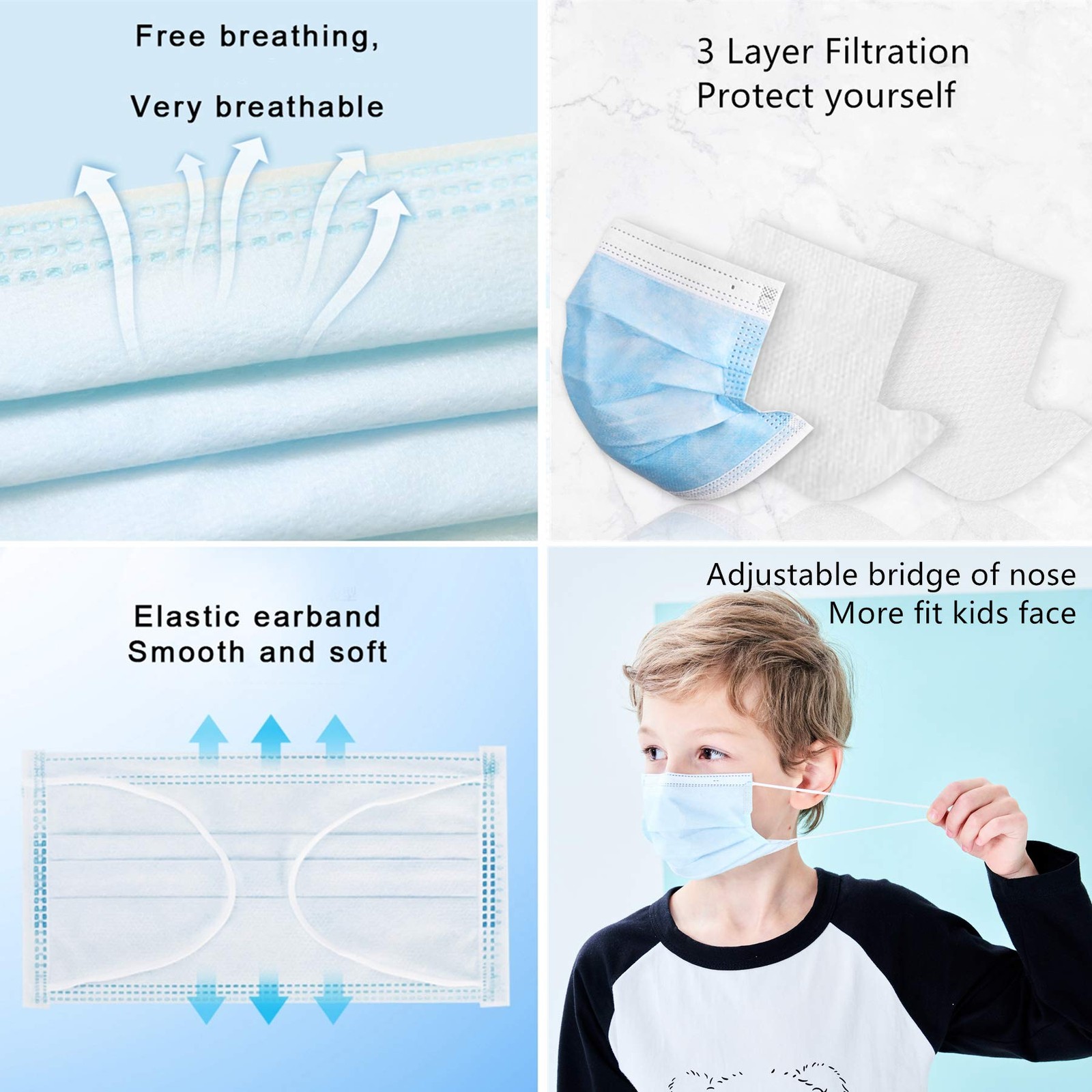 Kids Disposable Face Mask 50 Pack 3-Layer Filter Ages 5-12 Blue