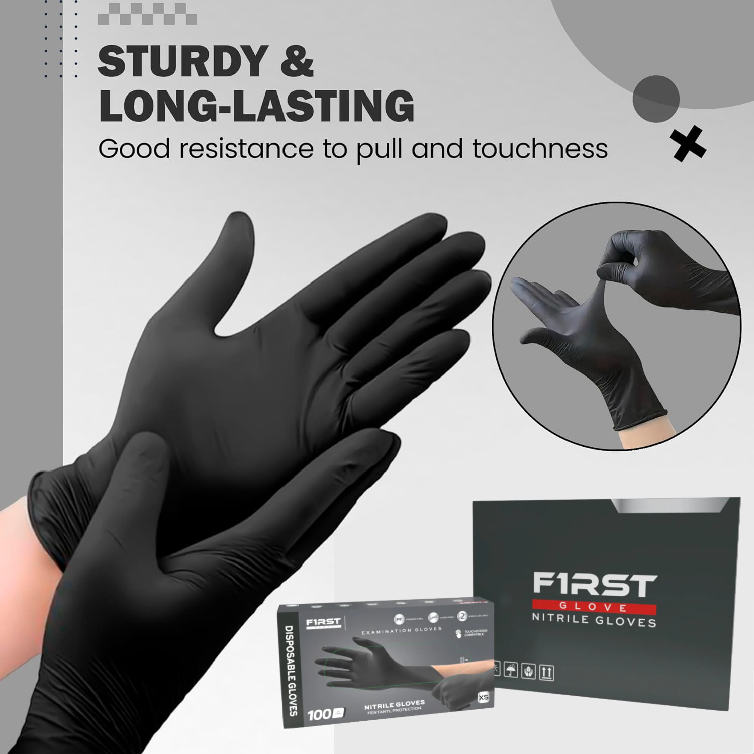 First Glove Black Disposable Nitrile Gloves 3 Mil Latex & Powder Free
