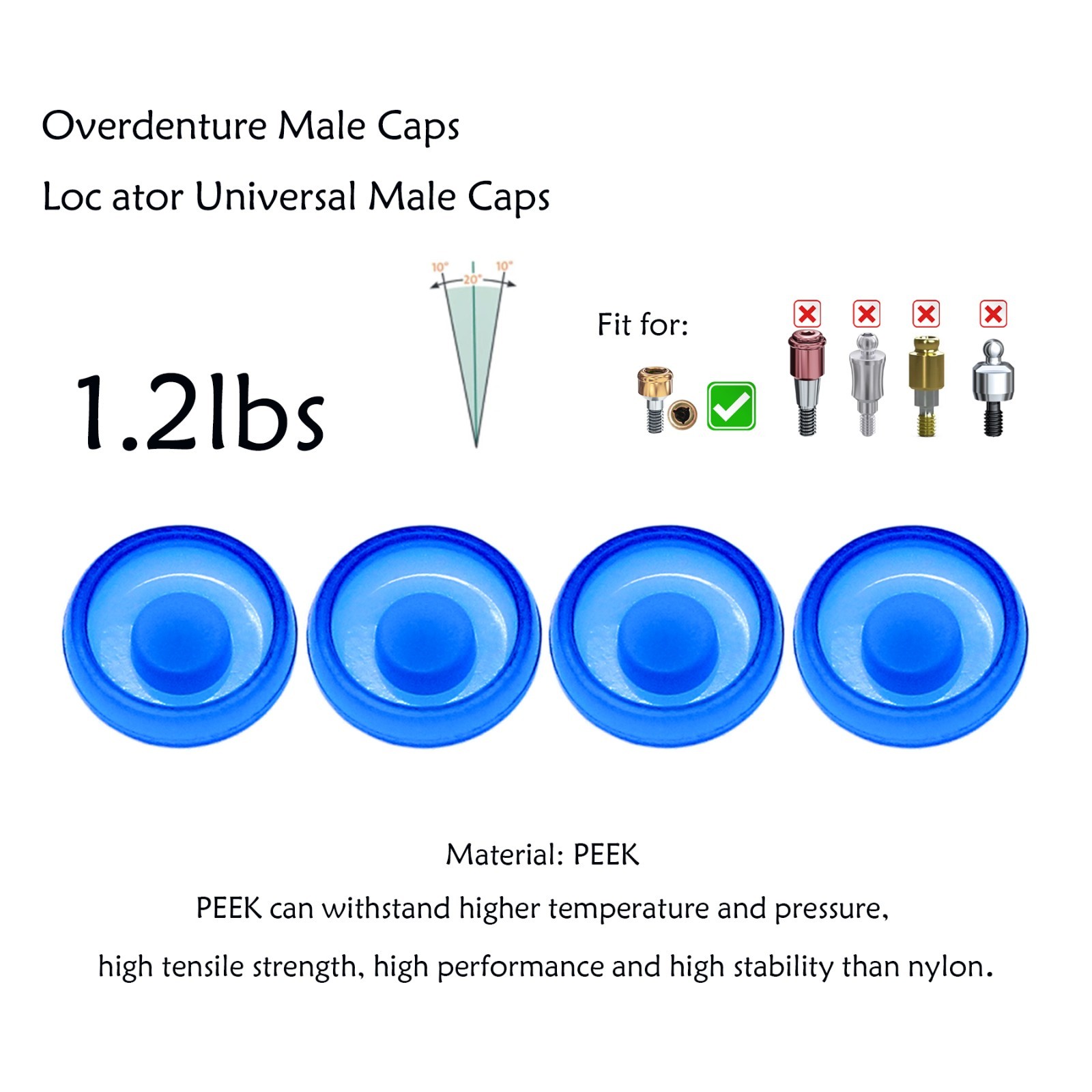 US Overdenture Abutment Removable Male Caps Inserts Standard 1.2lbs 4/8/12/20PCS