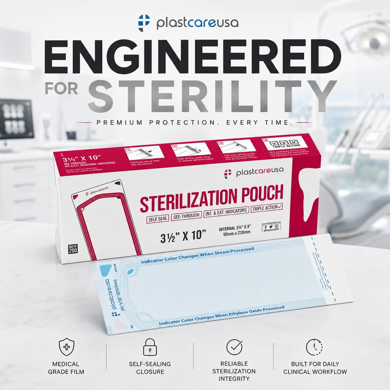 Self Sealing Sterilization Pouches 3.5″ x 10″ – Latex-Free, Color Changing In