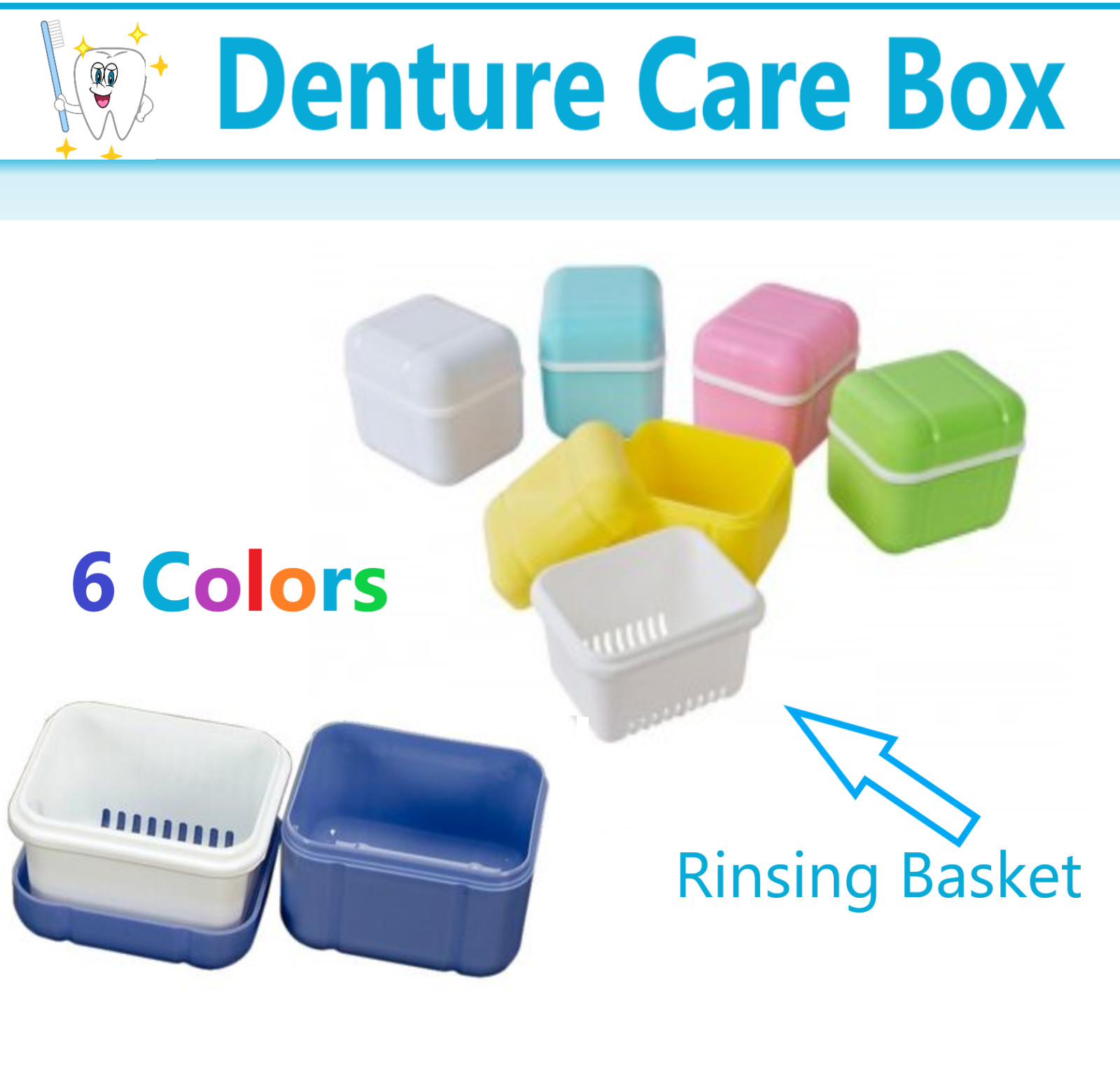 Denture Care Retainer Box with Tray Case Cup Storage Denture with Rinsing Basket