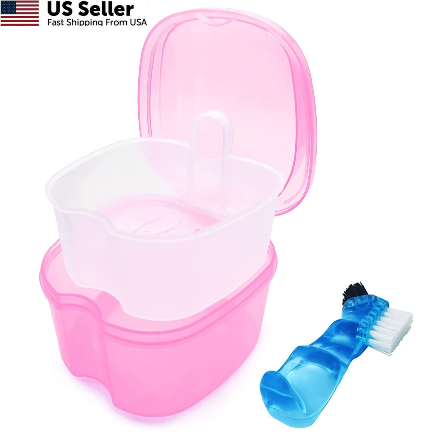 Denture Bath Case Soaking Cup with Brush, Holder Light Pink