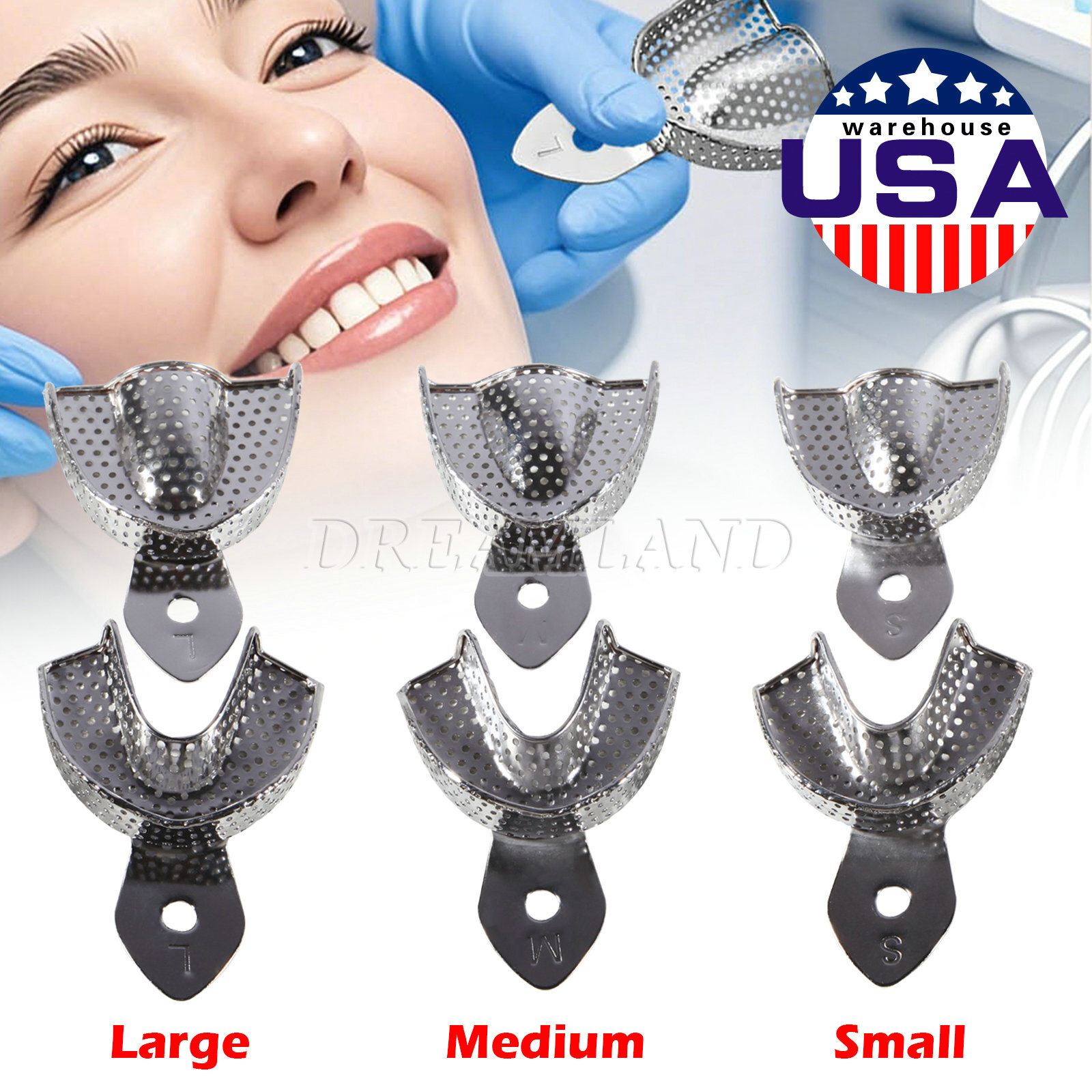 Dental Impression Trays Stainless Steel Perforated 6PC Upper+Lower S/M/L SKYSEA
