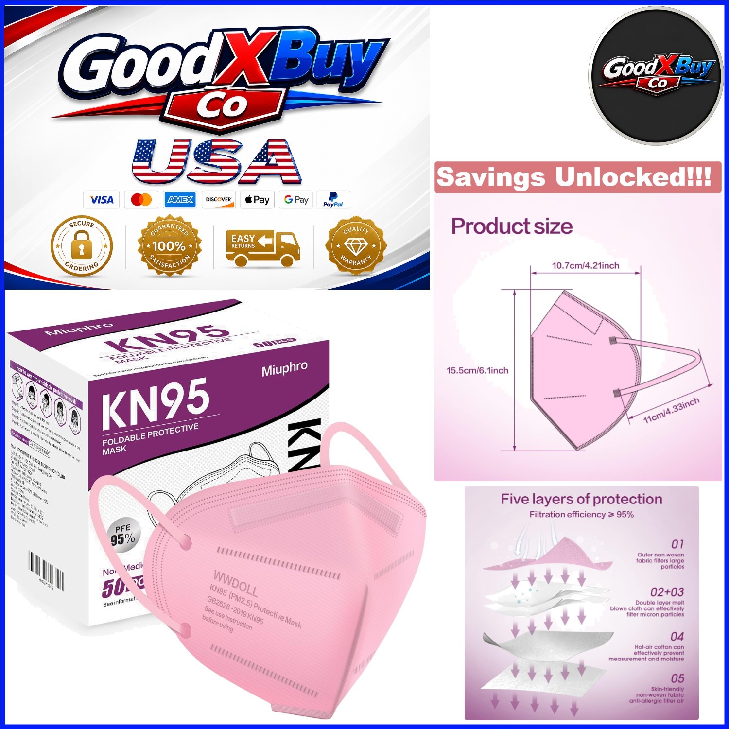 50 Pack Pink KN95 Masks Disposable 5-Layer Foldable Safety Masks