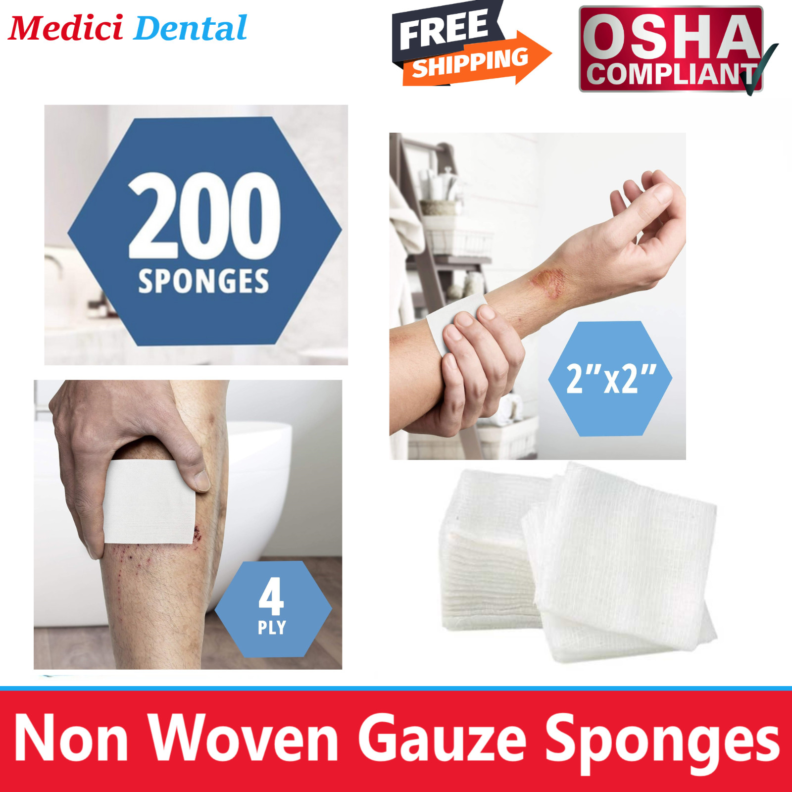 2×2 Non Woven Sponges 4-Ply, Non-Sterile Cotton Dental Gauze (200 Pack) OSHA +
