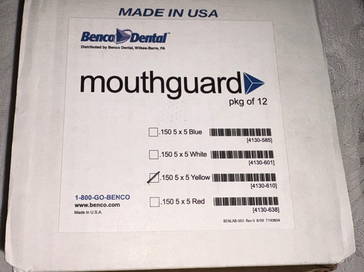 Benco Dental Mouthguard Material, Yellow 5″ x 5″ .150 thick Box of 12 Open Box