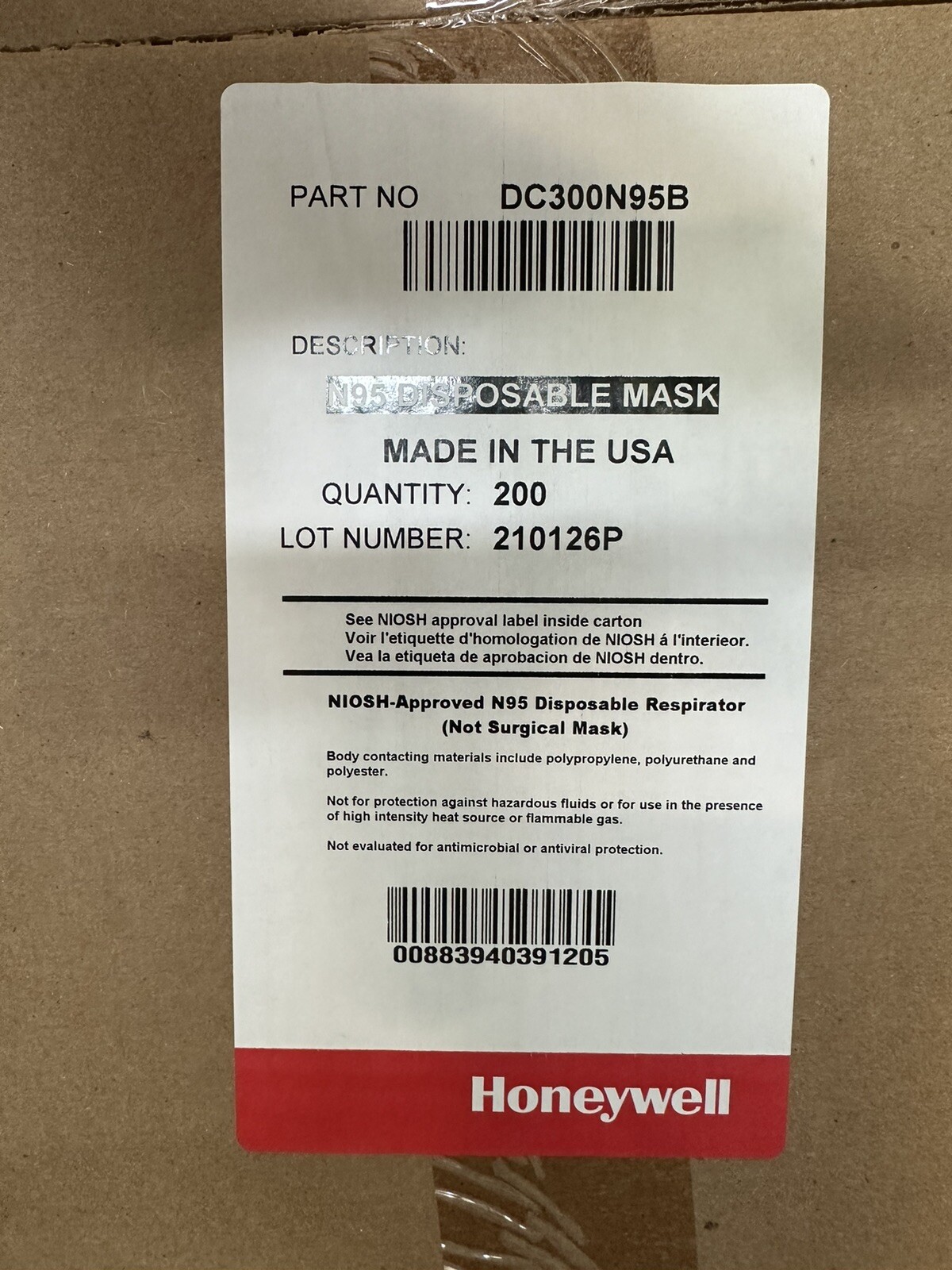 Honeywell N95 DC300N95B Respirator Particulate Masks Disposable NIOSH, 200/Box.