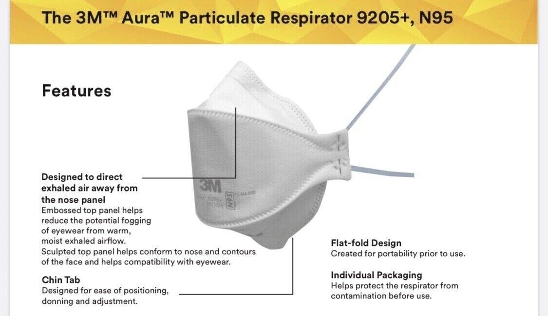 3M Aura 9205+ N95 NIOSH Approved Particulate Respirator Face Mask | USA Made |