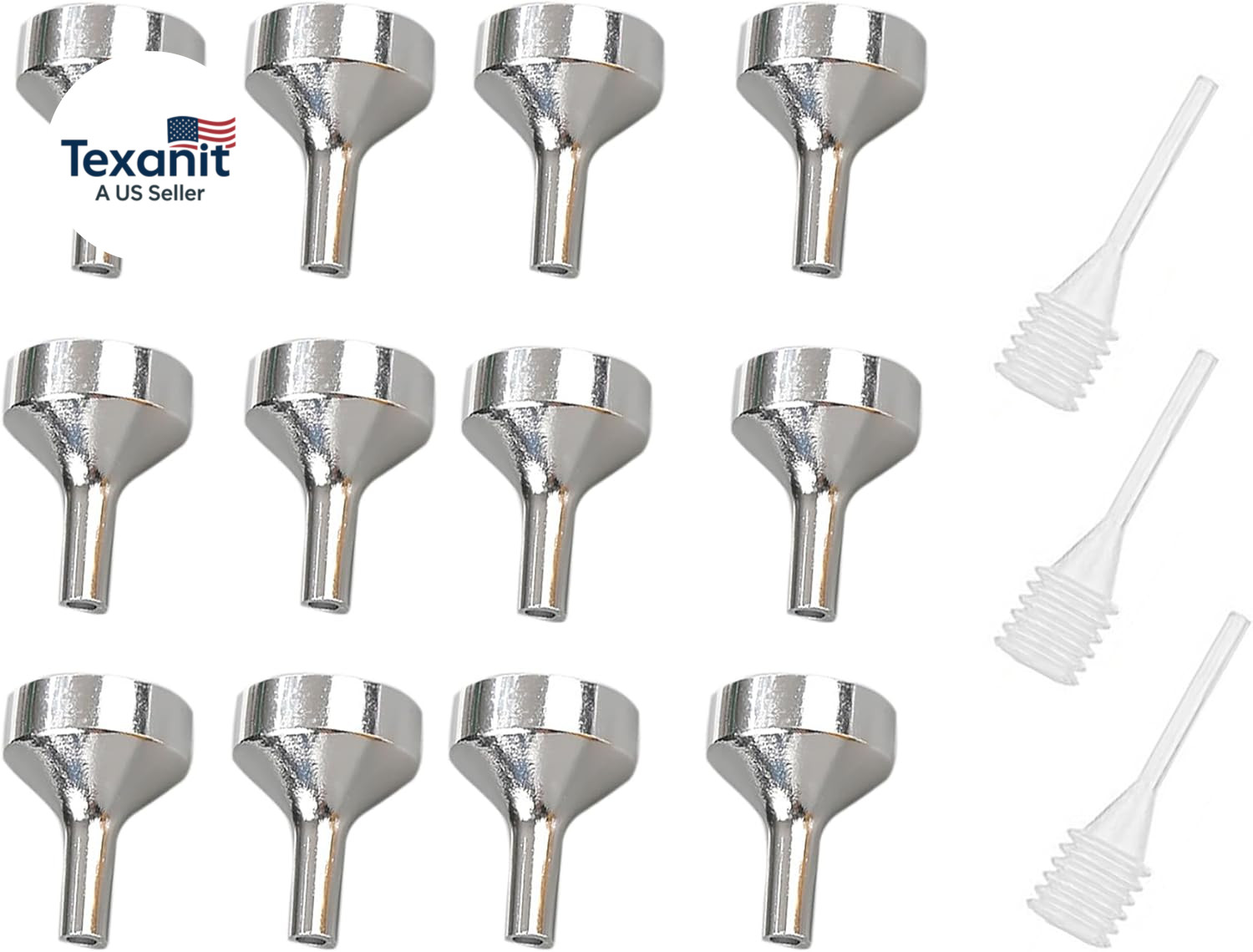 12 Pcs 1.5 Inch X 1 Inch Small Metal Funners with 3 Pcs 2.6 Inch Pipette for Fil