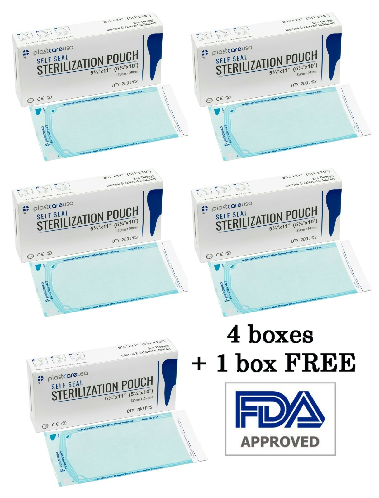 Dental Sterilization Pouch RIT-5211 5.25″x11, 1000pcs (4+1 Free boxes) PlastCare