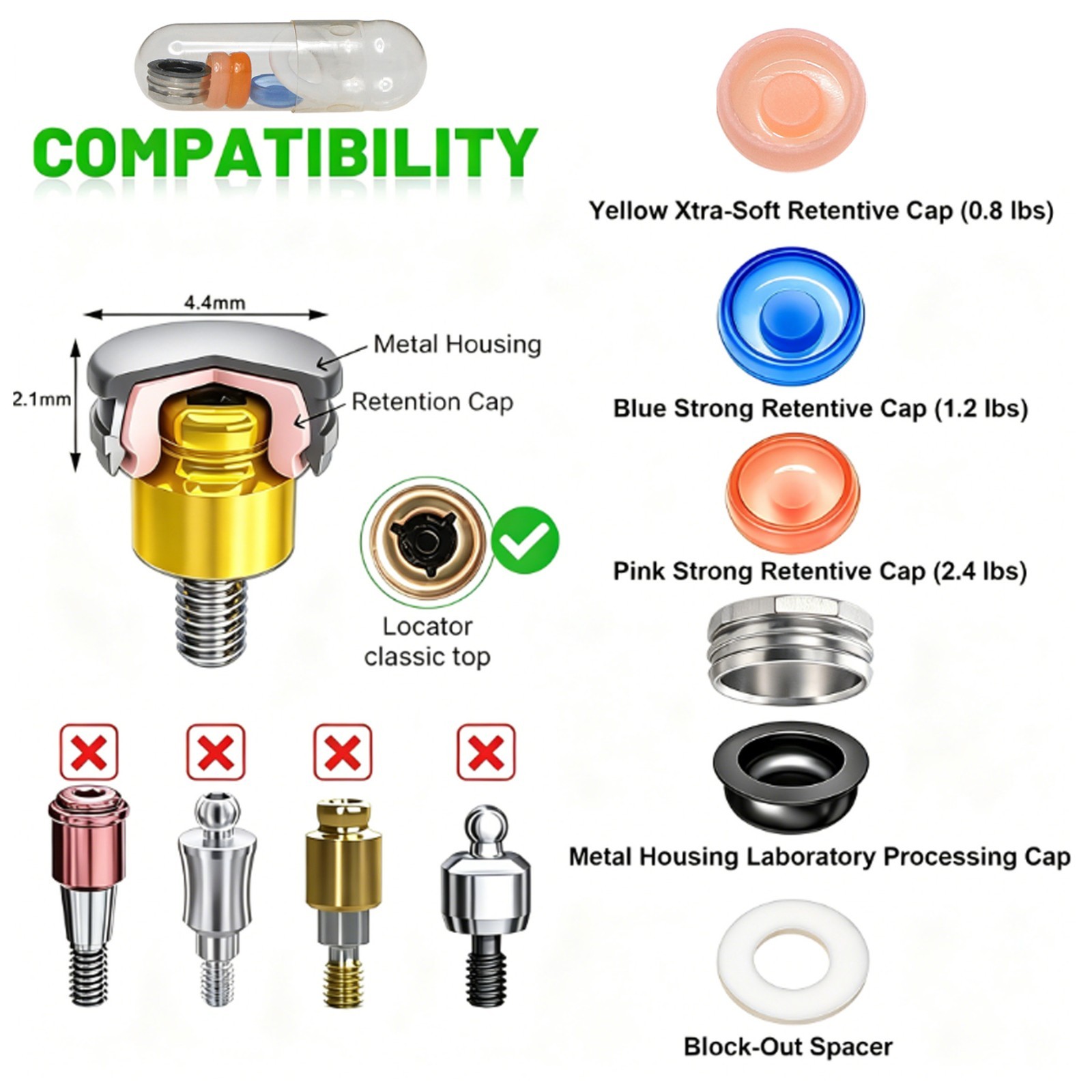US Dental Fit Zest Anchors Locator Retention Caps Range & Core Tool Overdenture