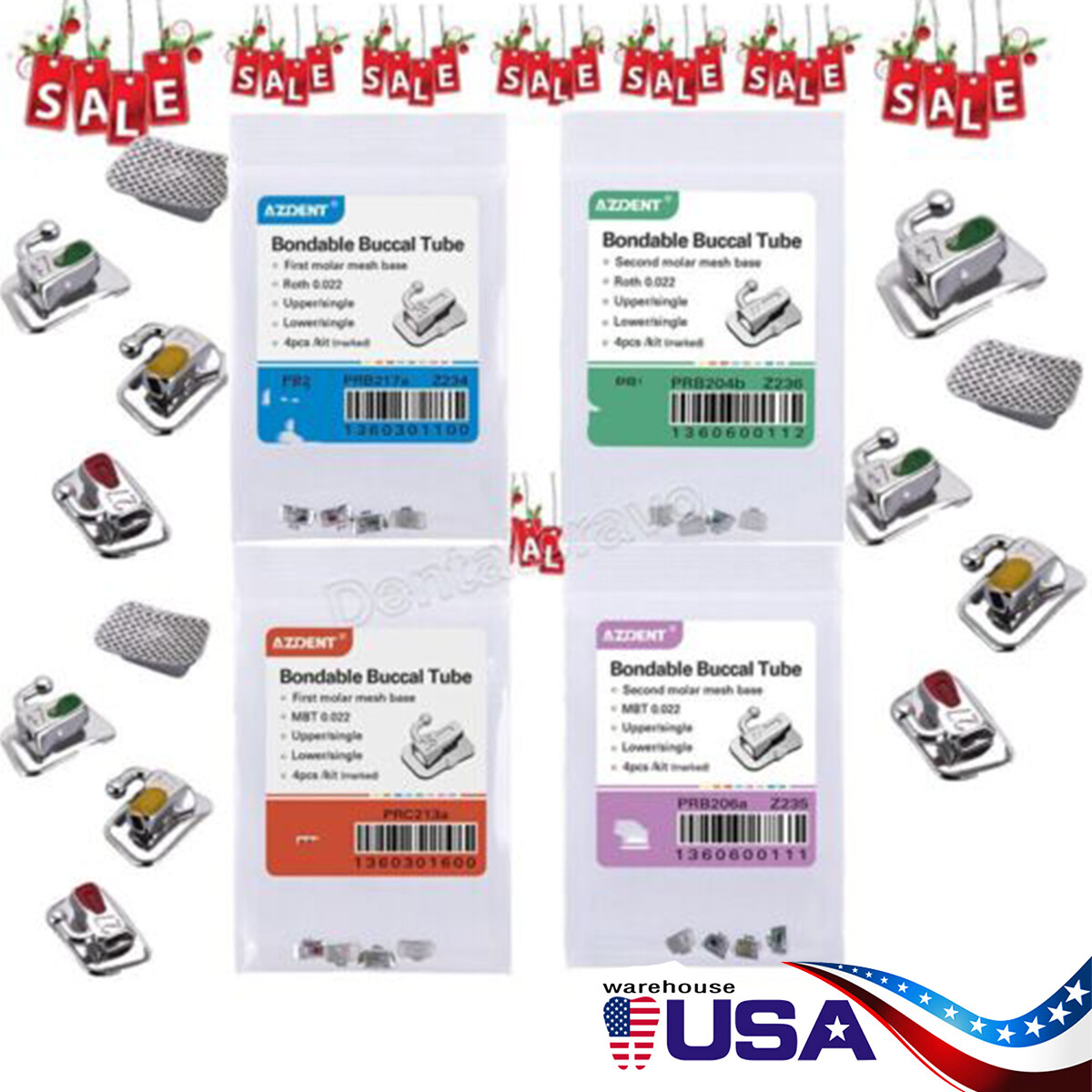 AZDENT Dental Orthodontic Bondable Buccal Tubes MBT/Roth 022 1st Molar Non-Conv