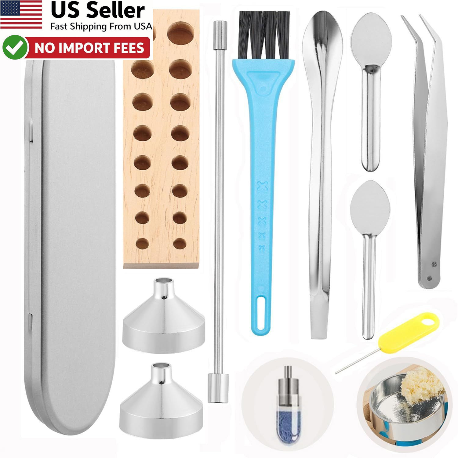 11 Pcs Filling Tools Lab Short Stem Funnels Holder Tweezers Spoons #000-5 USA