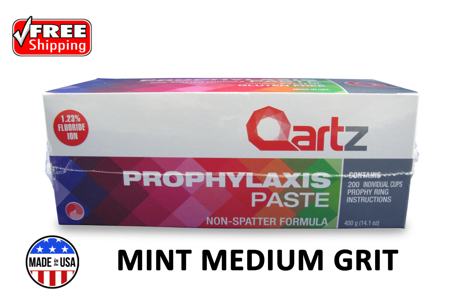 QARTZ PROPHY PASTE CUPS MINT MEDIUM GRIT 200/BOX DENTAL NON SPLATTER W/FLOURIDE