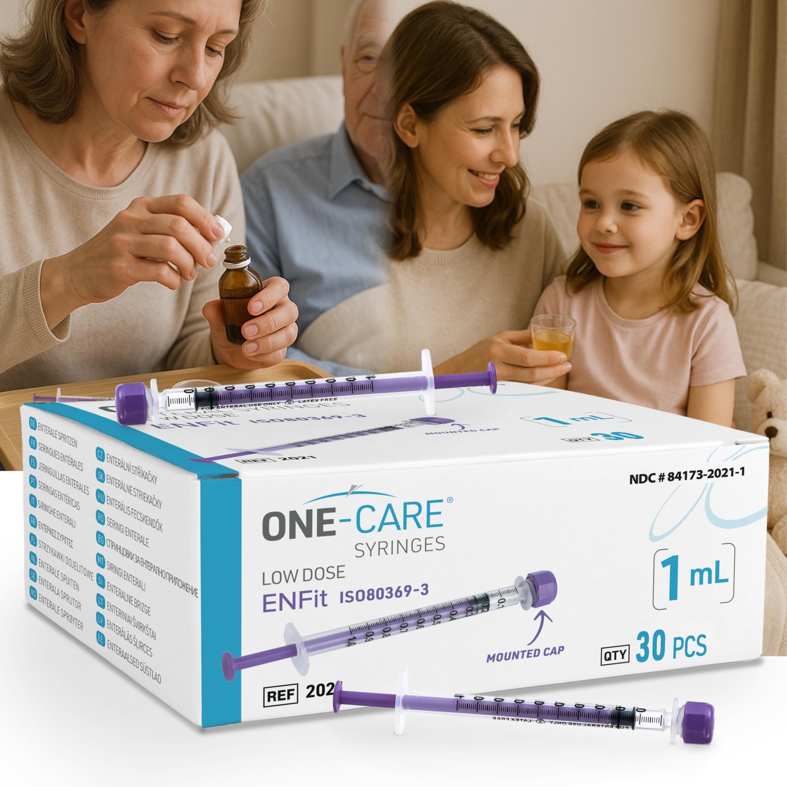 ONE-CARE Lab ENFit Syringe 1ml with Mounted Cap, Transparent