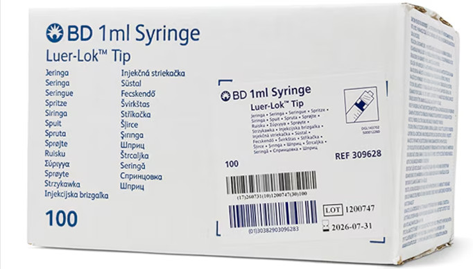 BD Disposable 1ml Syringe NO Needle Luer-Lok Tip 309628 BX/100