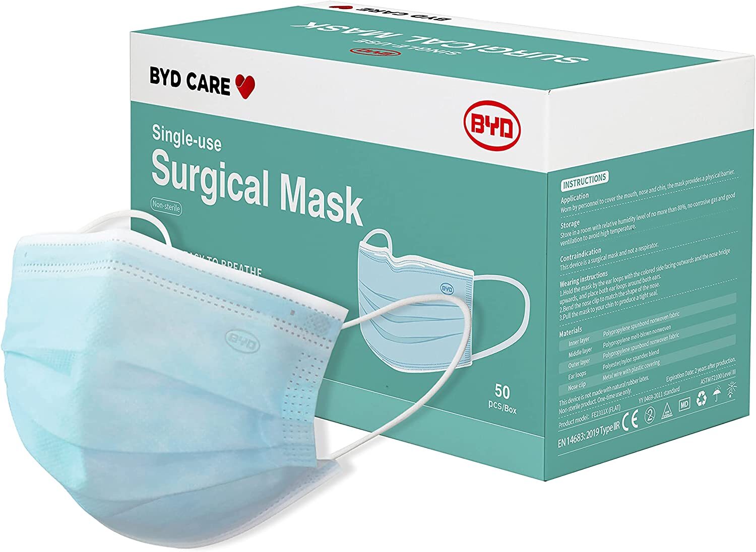 BYD CARE Single-use Surgical Masks, One-size, green Box 50 PCS