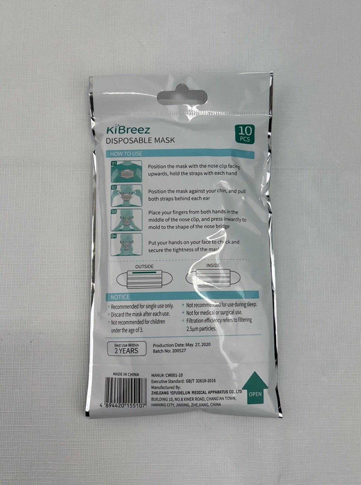 KiBreez Disposable Face Mask Lot of 100 PCS (10-10 packs) 3 Layers SEALED NIP