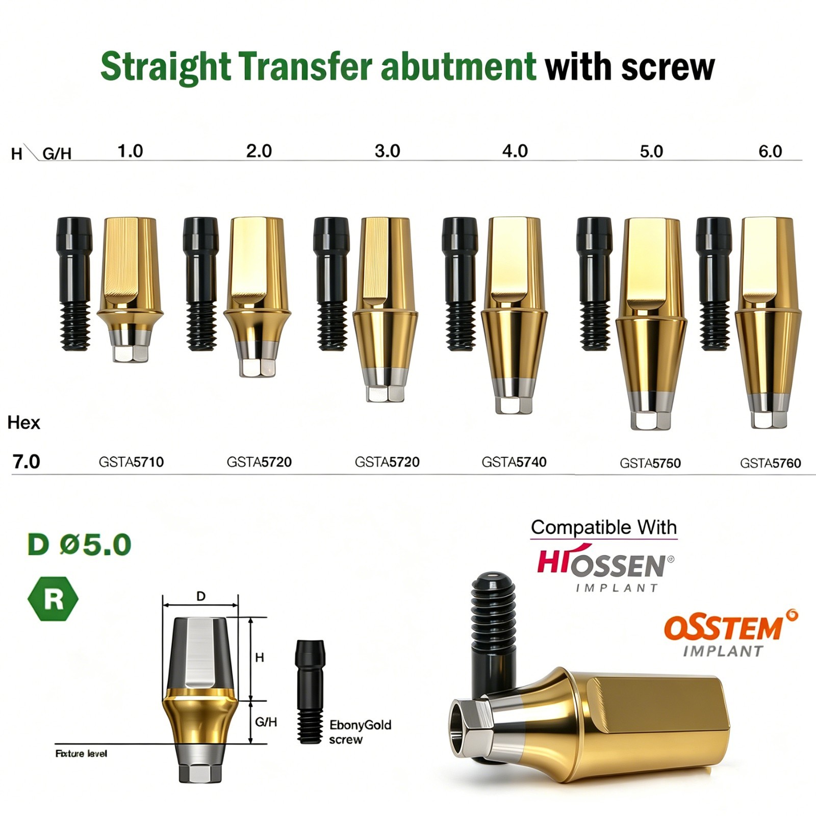 US Titanium Straight Abutment Hex For Hiossen ET Osstem TS Mini Regular Platform